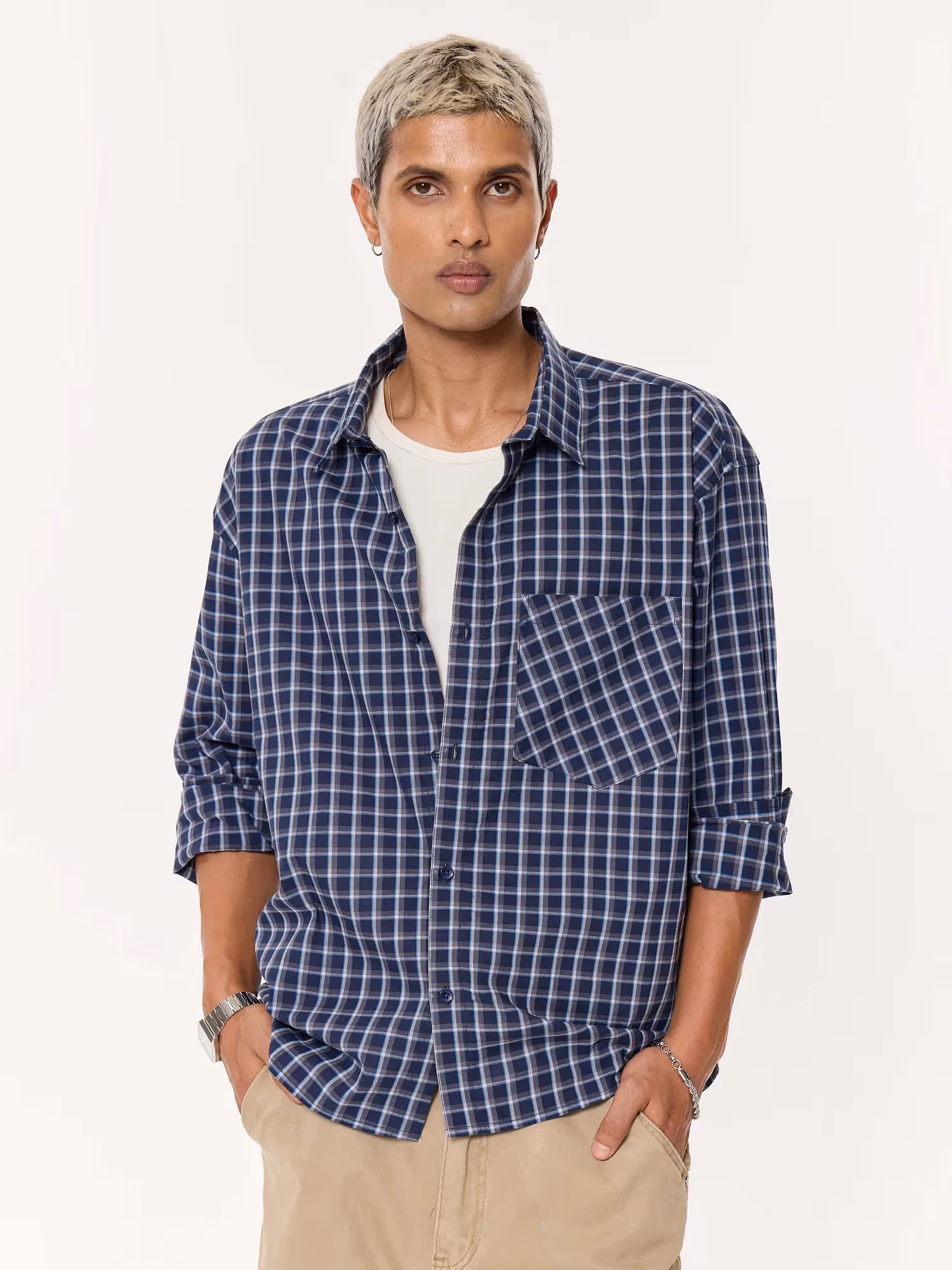 Deep Blue Checkered Oversized Cropped Shirt image 5