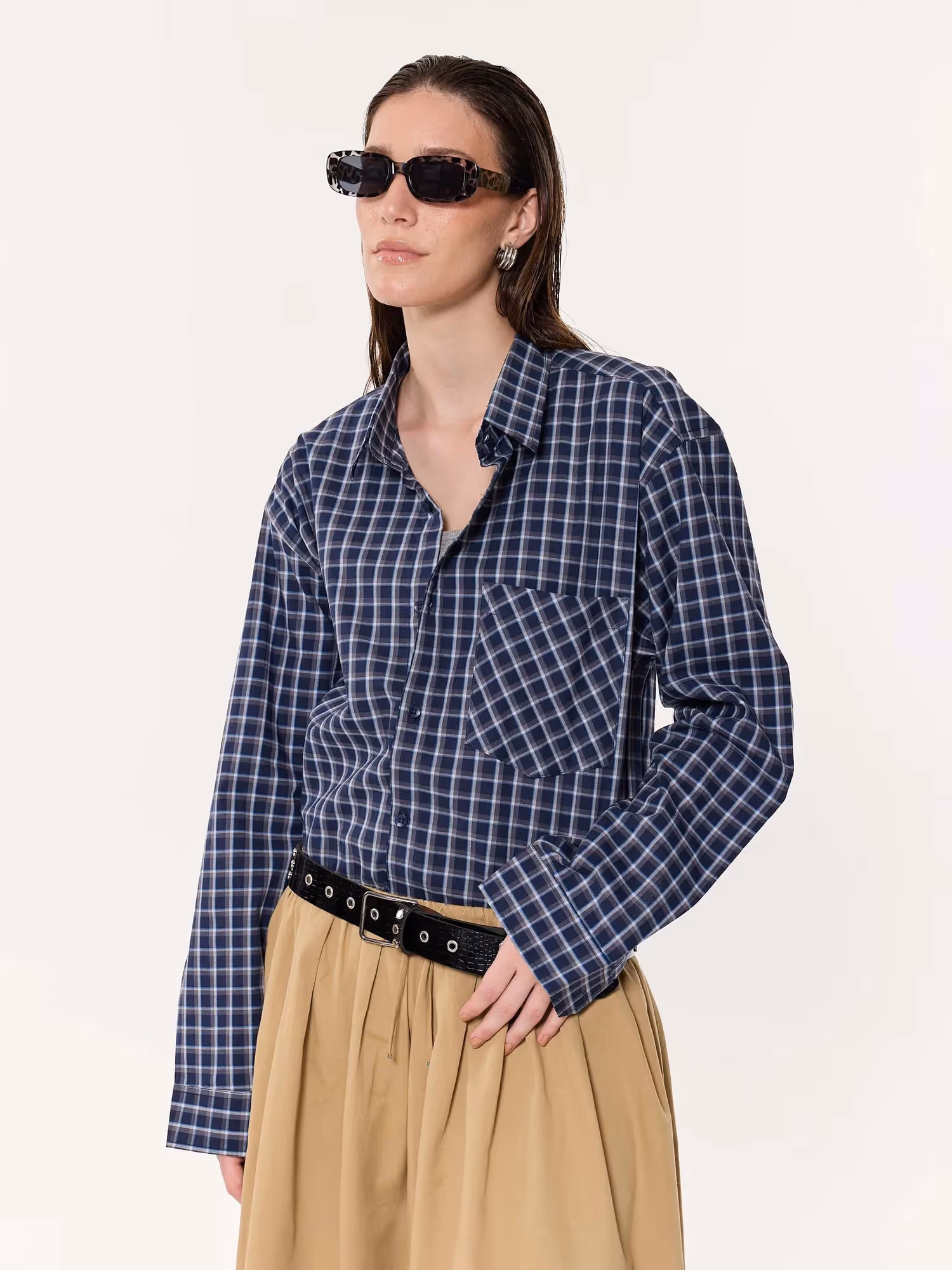 Deep Blue Checkered Oversized Cropped Shirt image 6