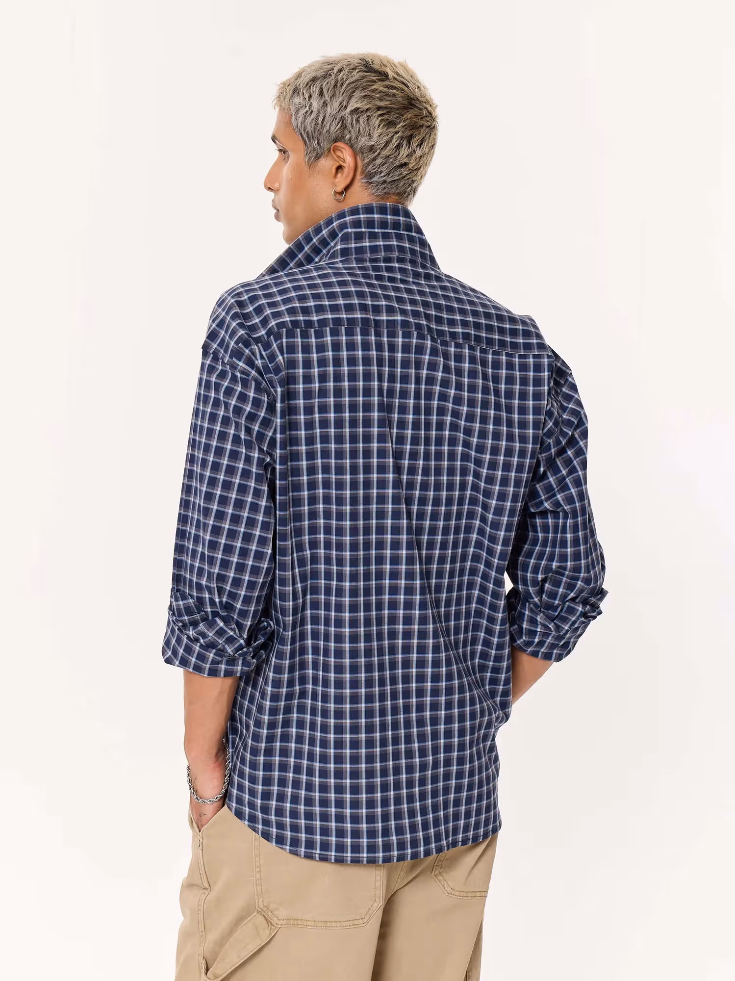 Deep Blue Checkered Oversized Cropped Shirt image 7