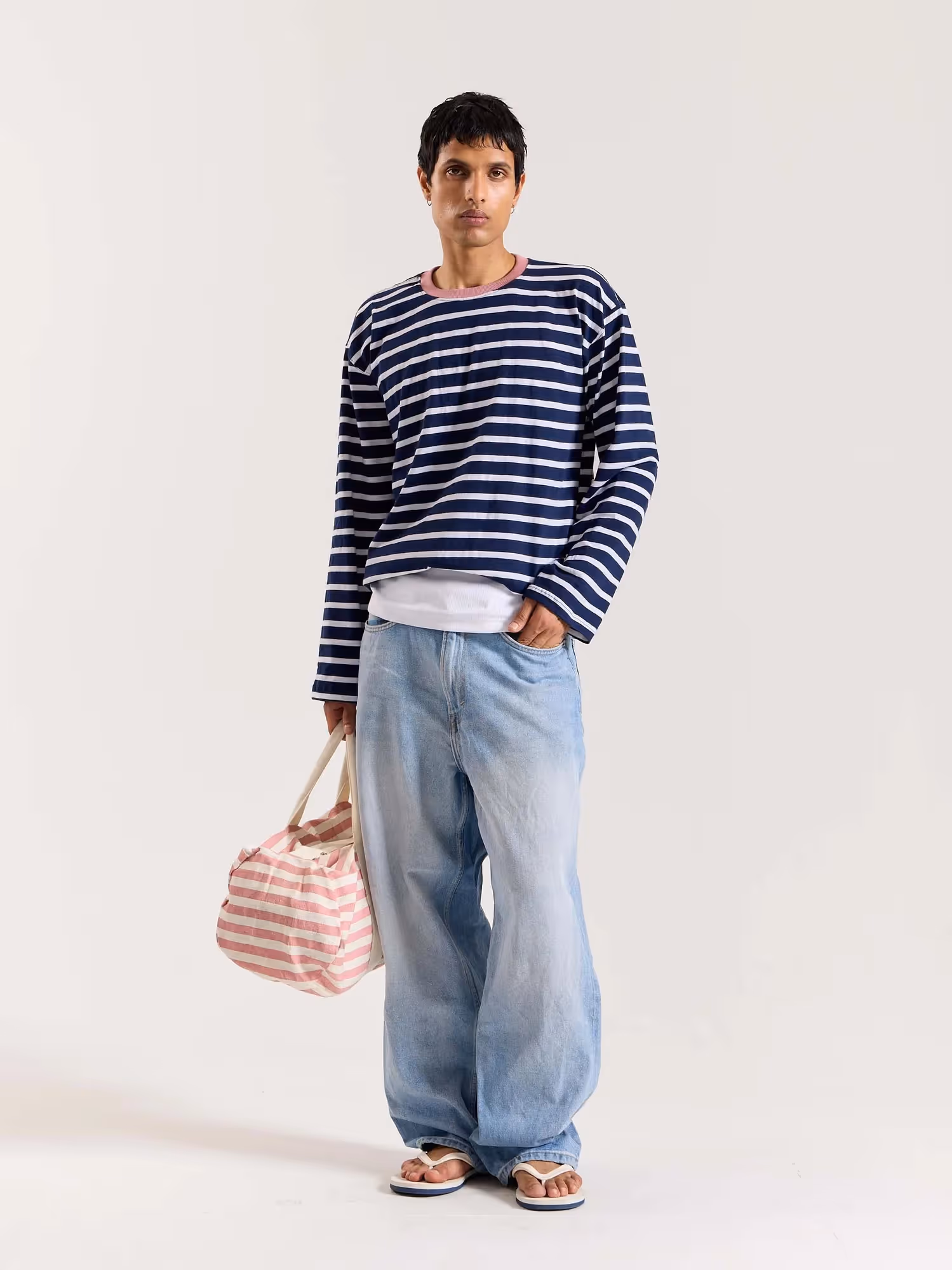 Deep Navy & White Striped Loose Fit Cropped T-Shirt image 1