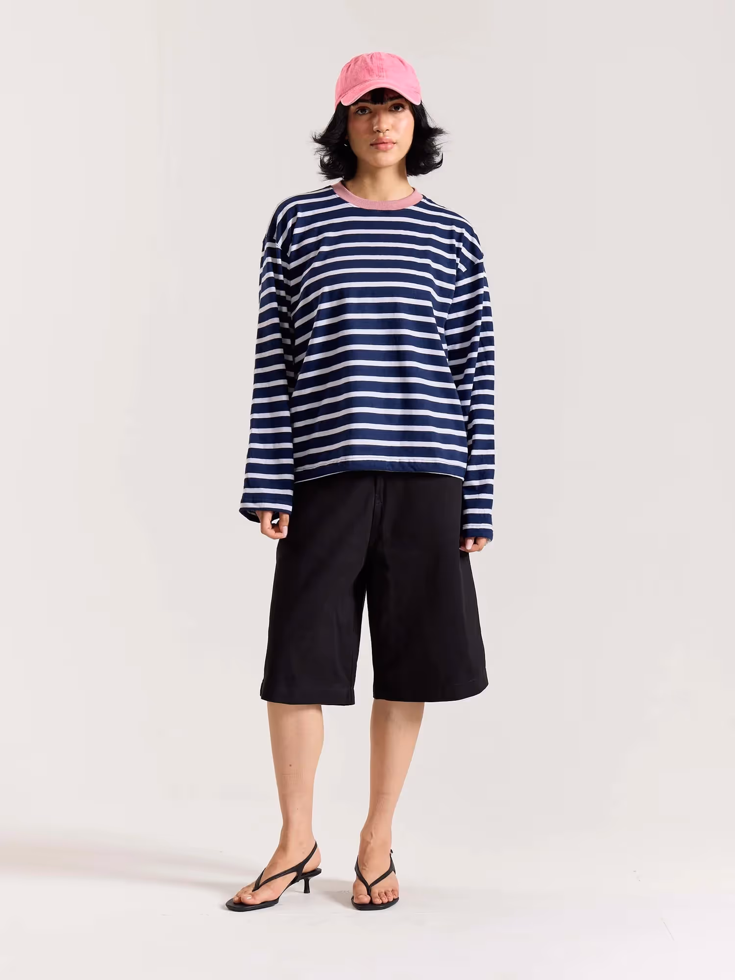 Deep Navy & White Striped Loose Fit Cropped T-Shirt image 2