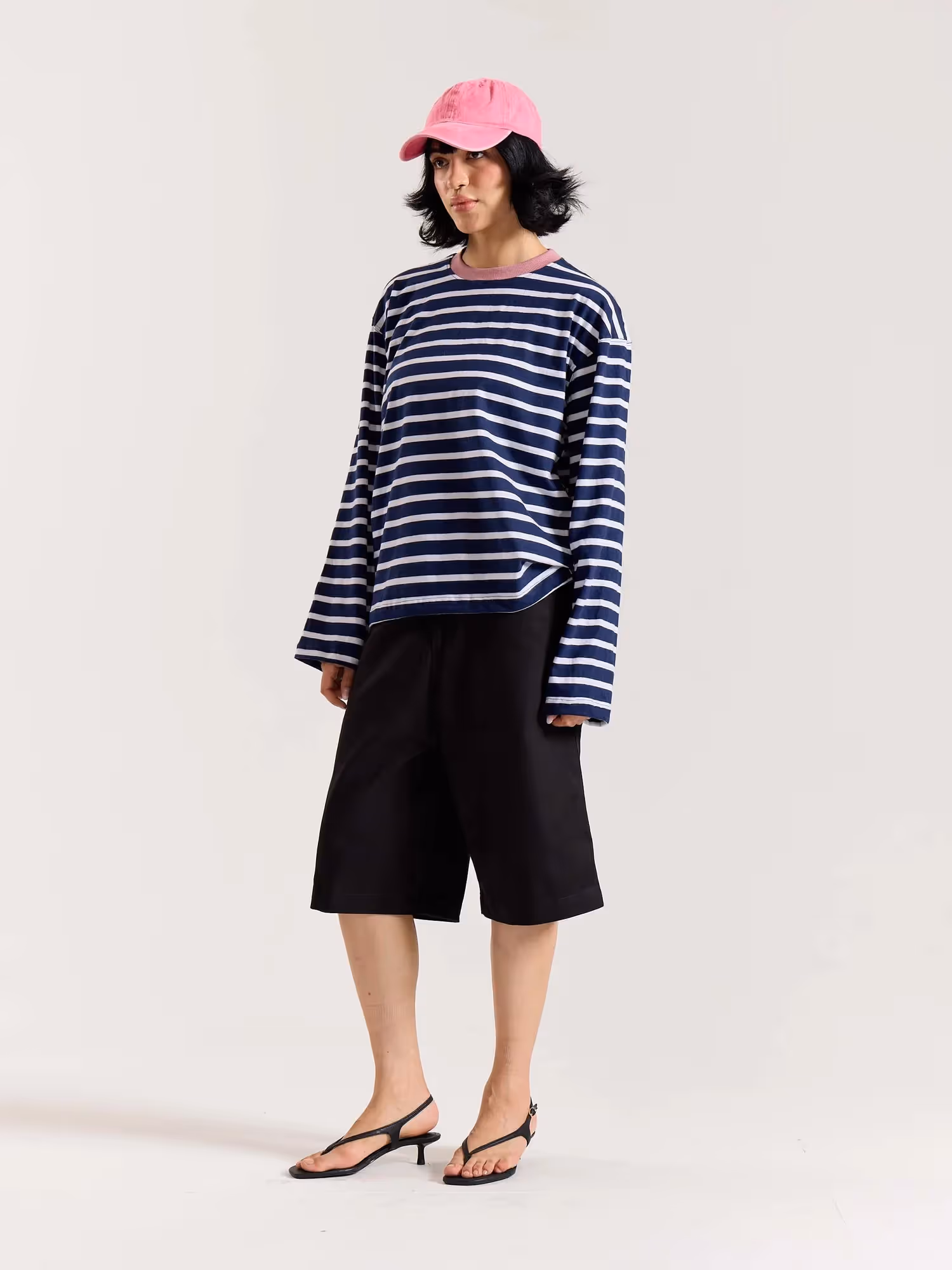 Deep Navy & White Striped Loose Fit Cropped T-Shirt image 3