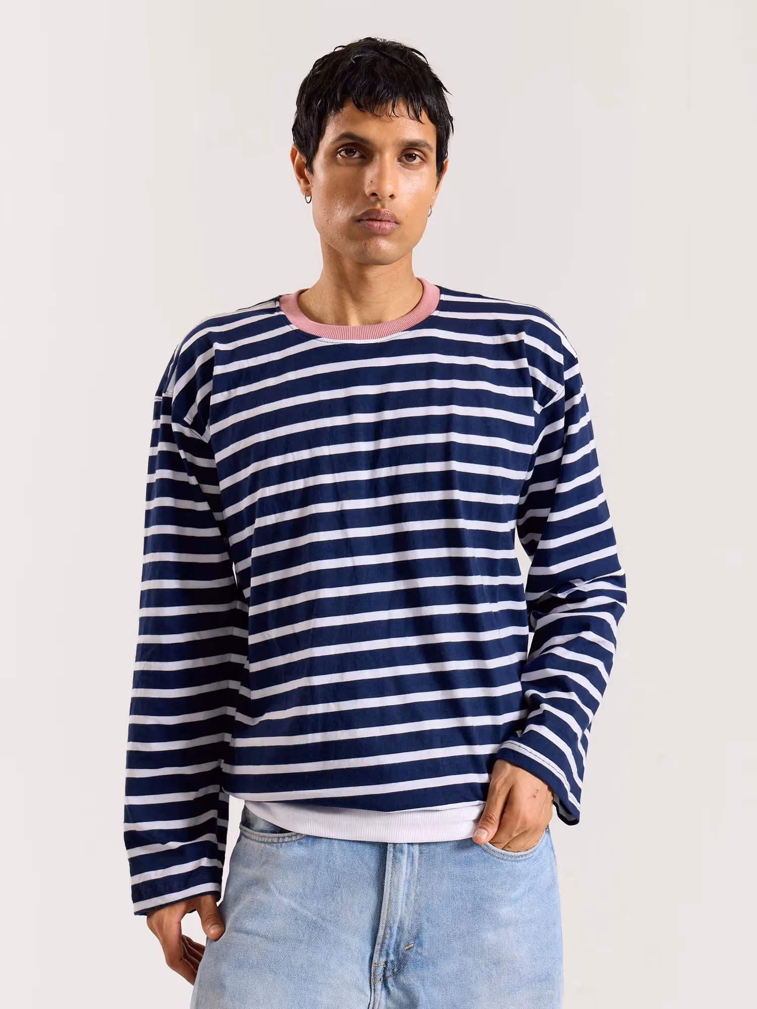 Deep Navy & White Striped Loose Fit Cropped T-Shirt image 4