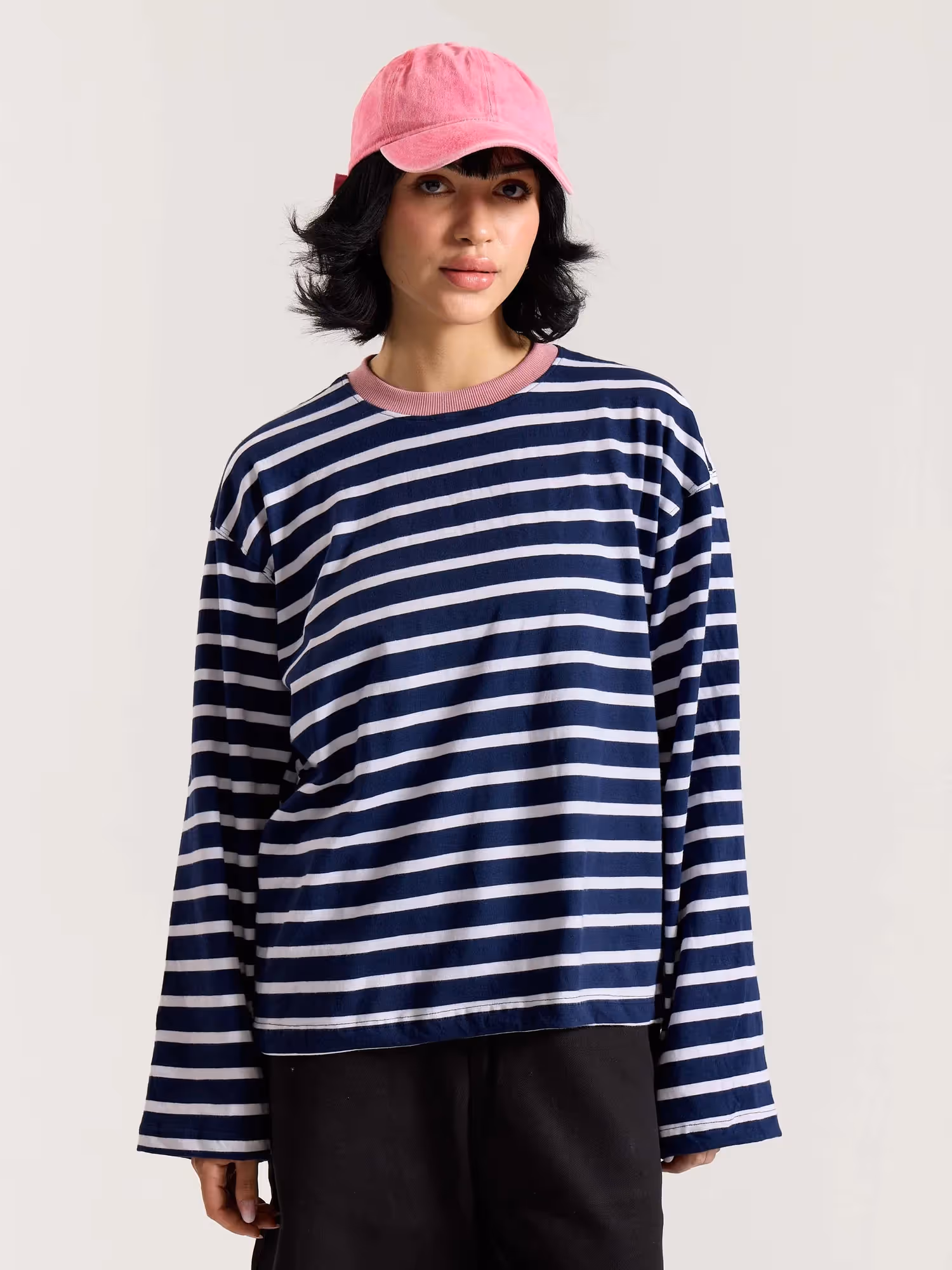 Deep Navy & White Striped Loose Fit Cropped T-Shirt image 5