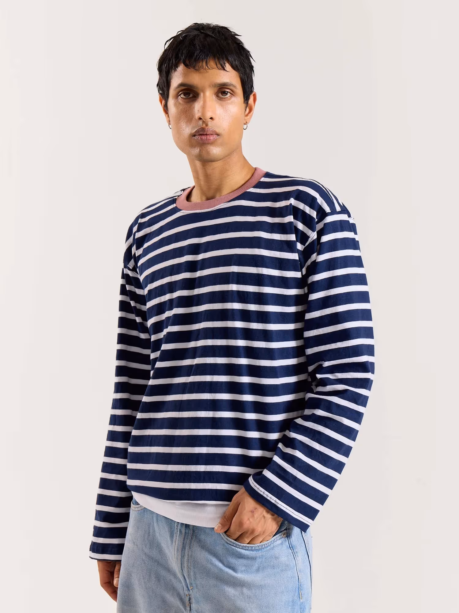 Deep Navy & White Striped Loose Fit Cropped T-Shirt image 6