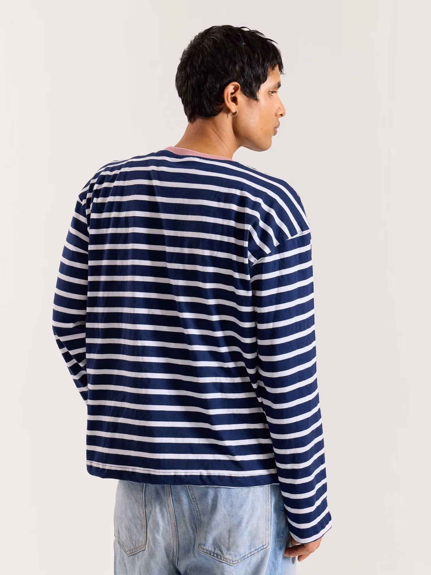 Deep Navy & White Striped Loose Fit Cropped T-Shirt image 7
