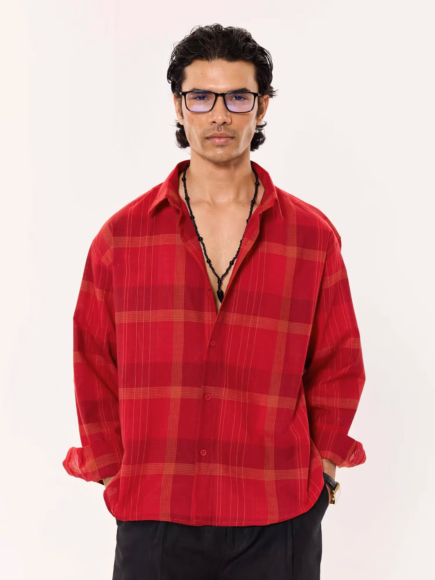 Deep Red Windowpane Cropped Shirt  image 3