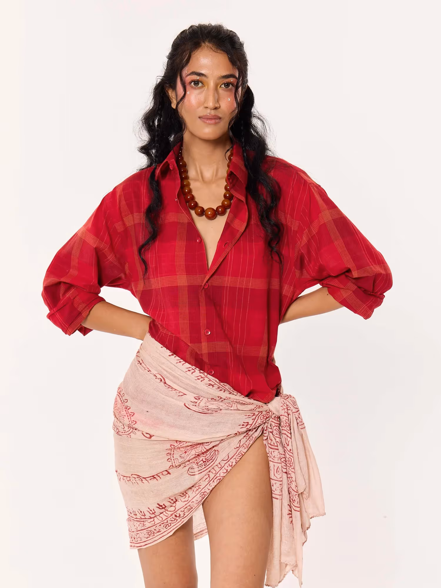 Deep Red Windowpane Cropped Shirt  image 4