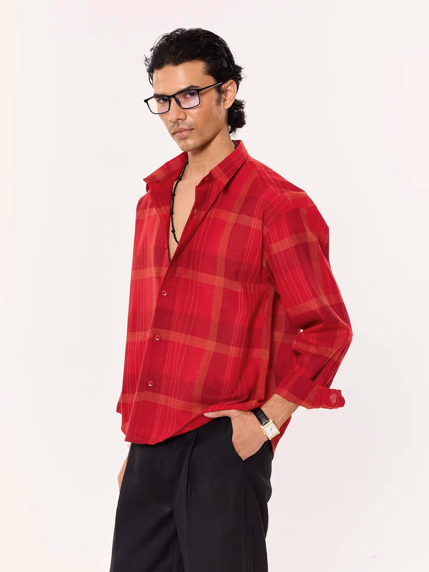 Deep Red Windowpane Cropped Shirt  image 5