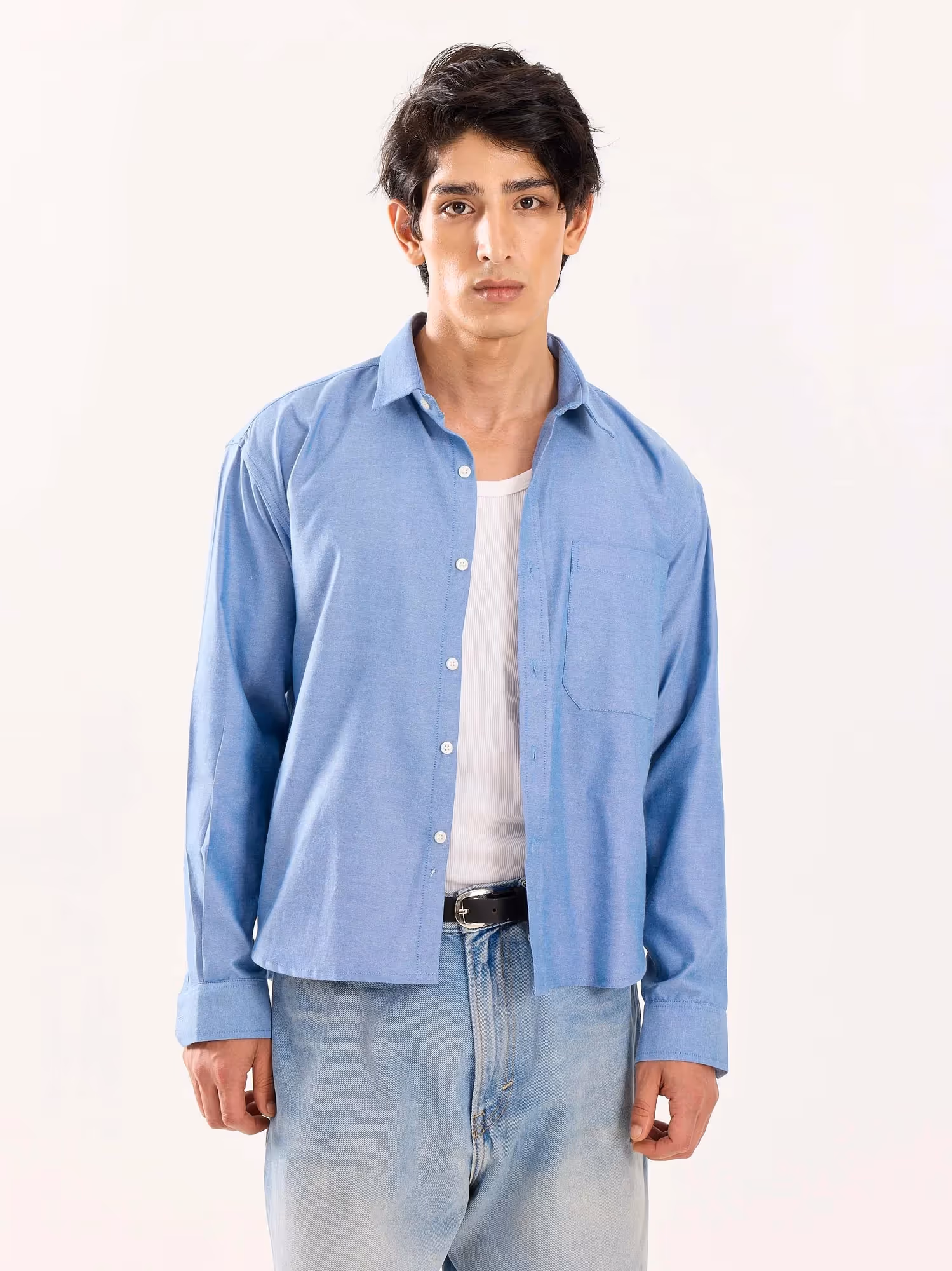 Denim Blue Oversized Cropped Shirt image 3