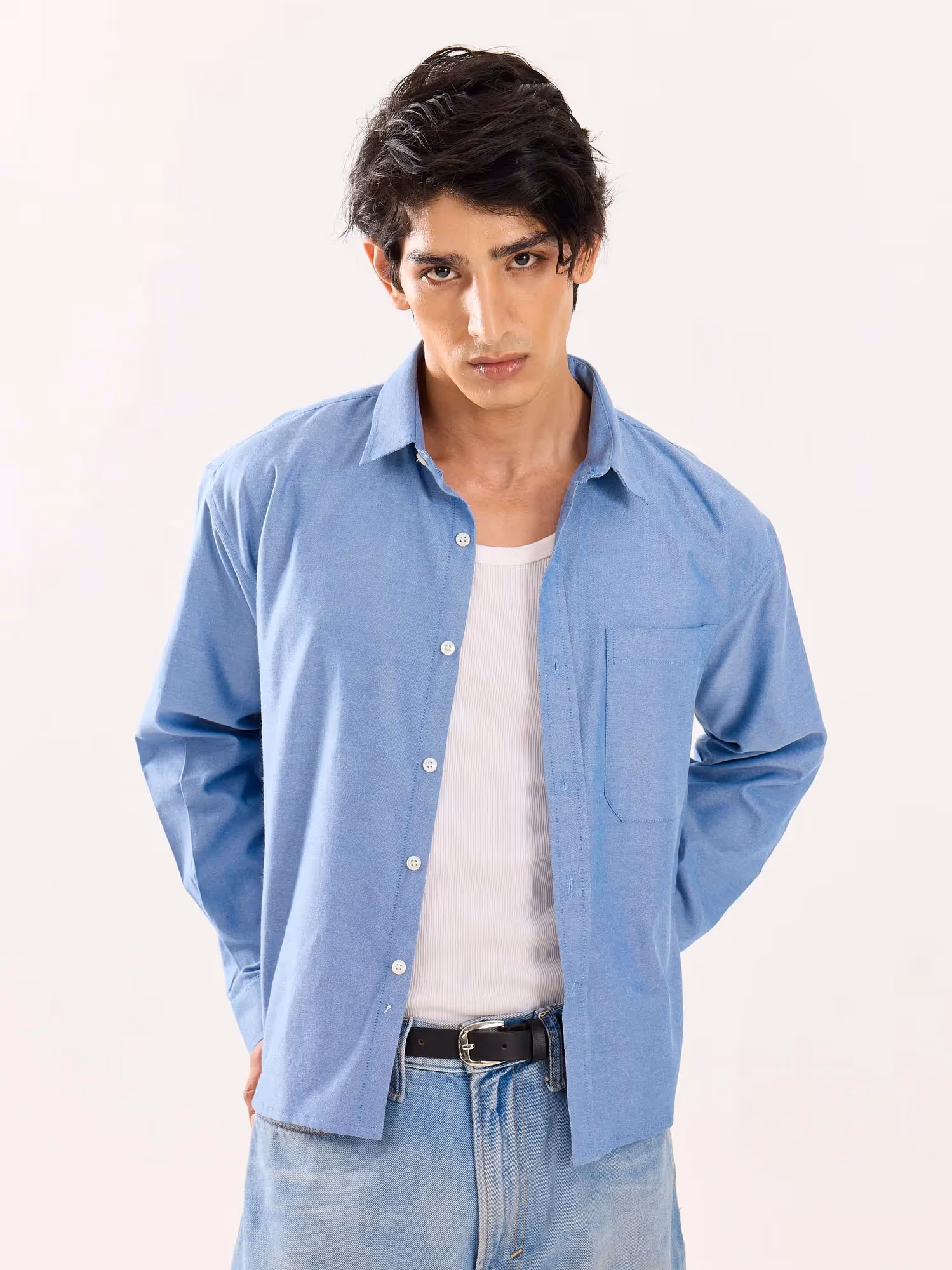 Denim Blue Oversized Cropped Shirt image 6