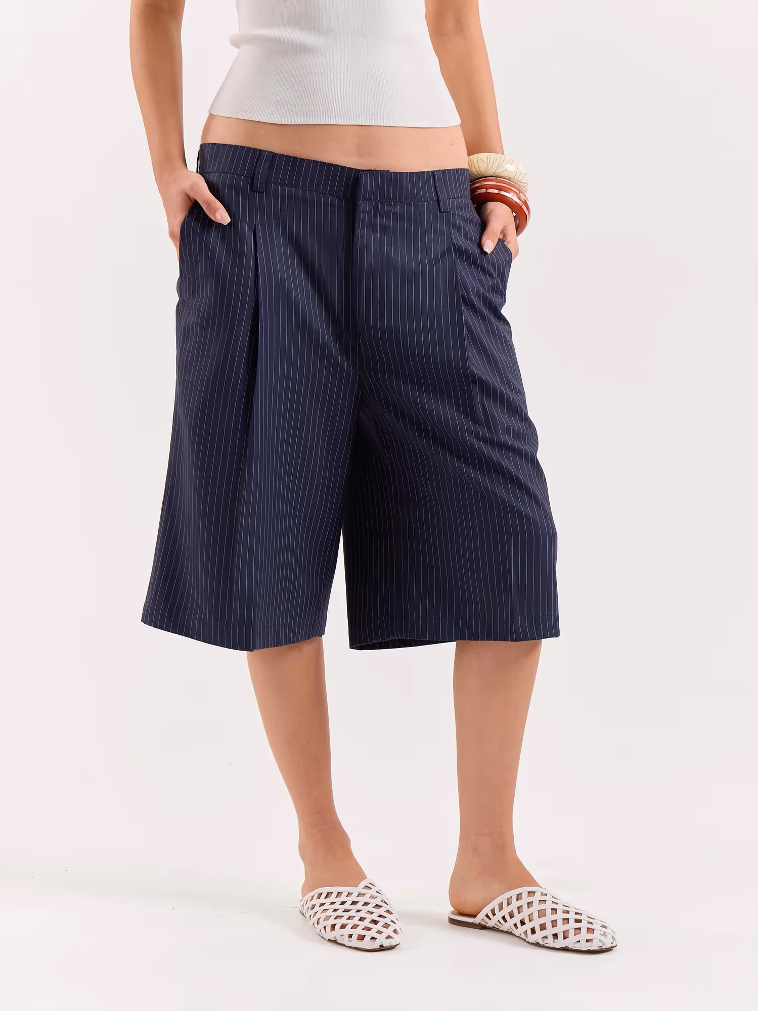 Denim Blue Pinstriped Trouser Shorts image 4