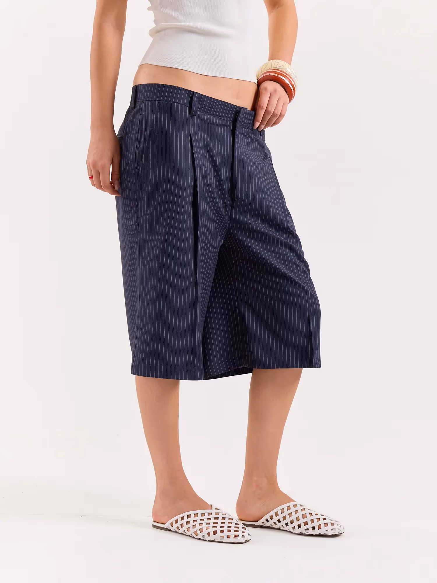 Denim Blue Pinstriped Trouser Shorts image 5