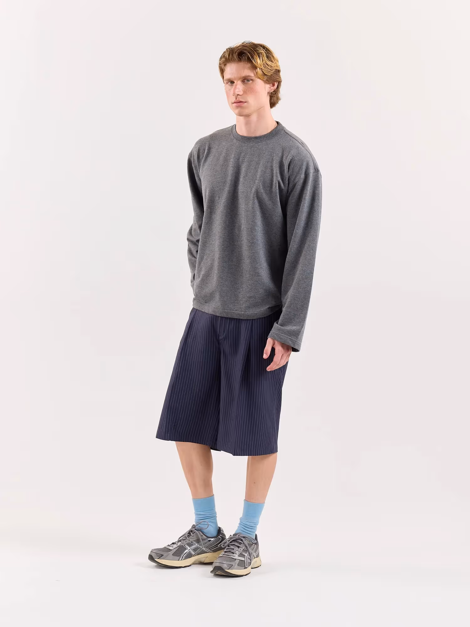 Denim Blue Pinstriped Trouser Shorts image 7