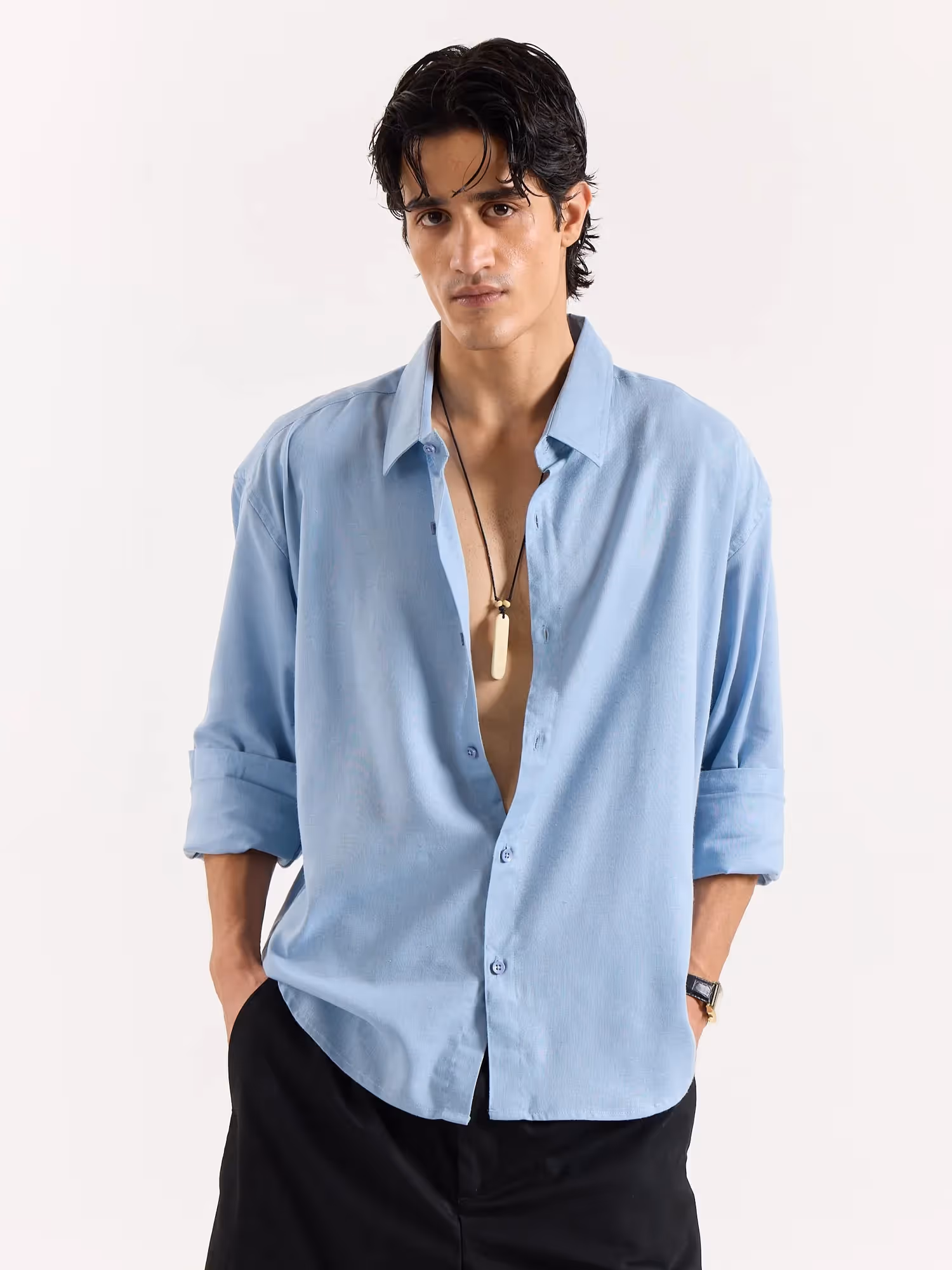 Dusty Blue Linen Cropped Shirt  image 2