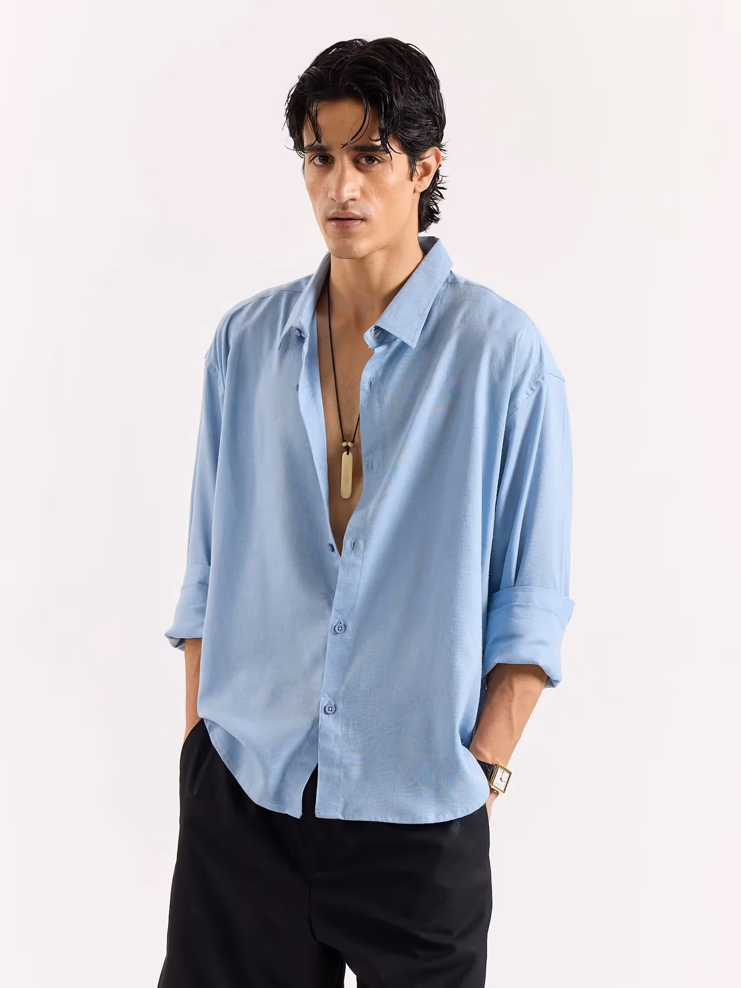 Dusty Blue Linen Cropped Shirt  image 3