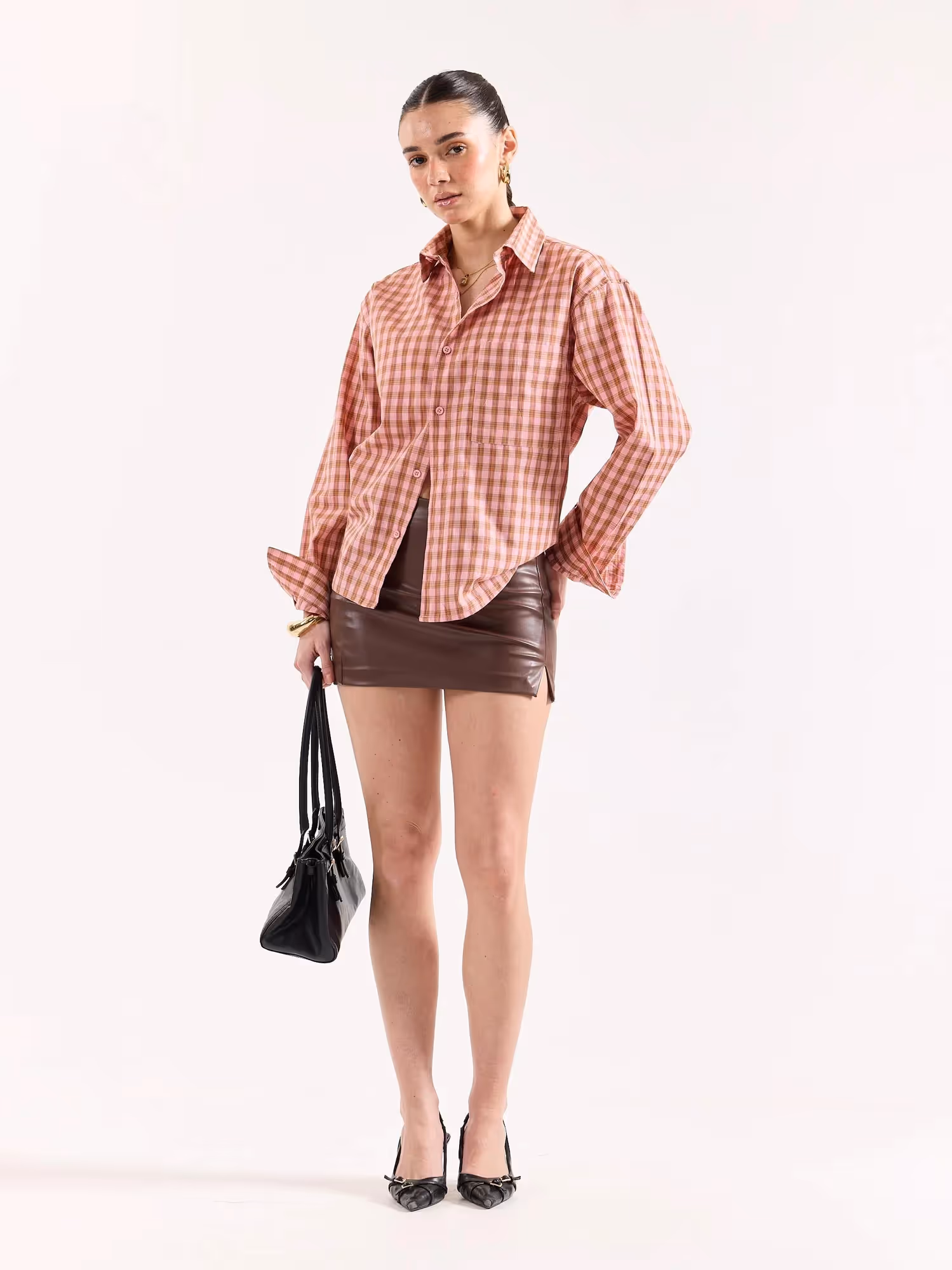 Dusty Pink Checkered Poplin Oversized Shirt image 2