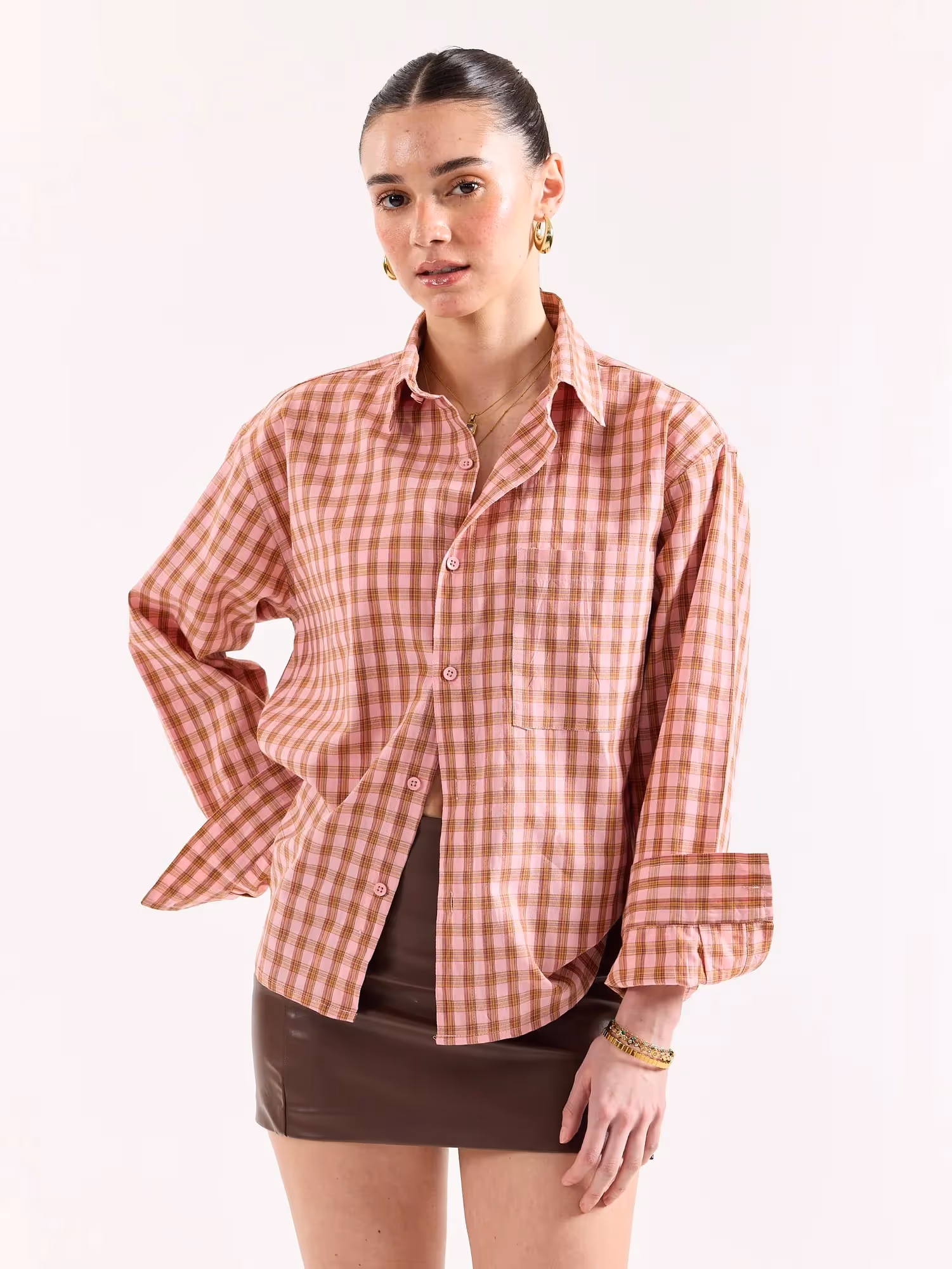 Dusty Pink Checkered Poplin Oversized Shirt image 4