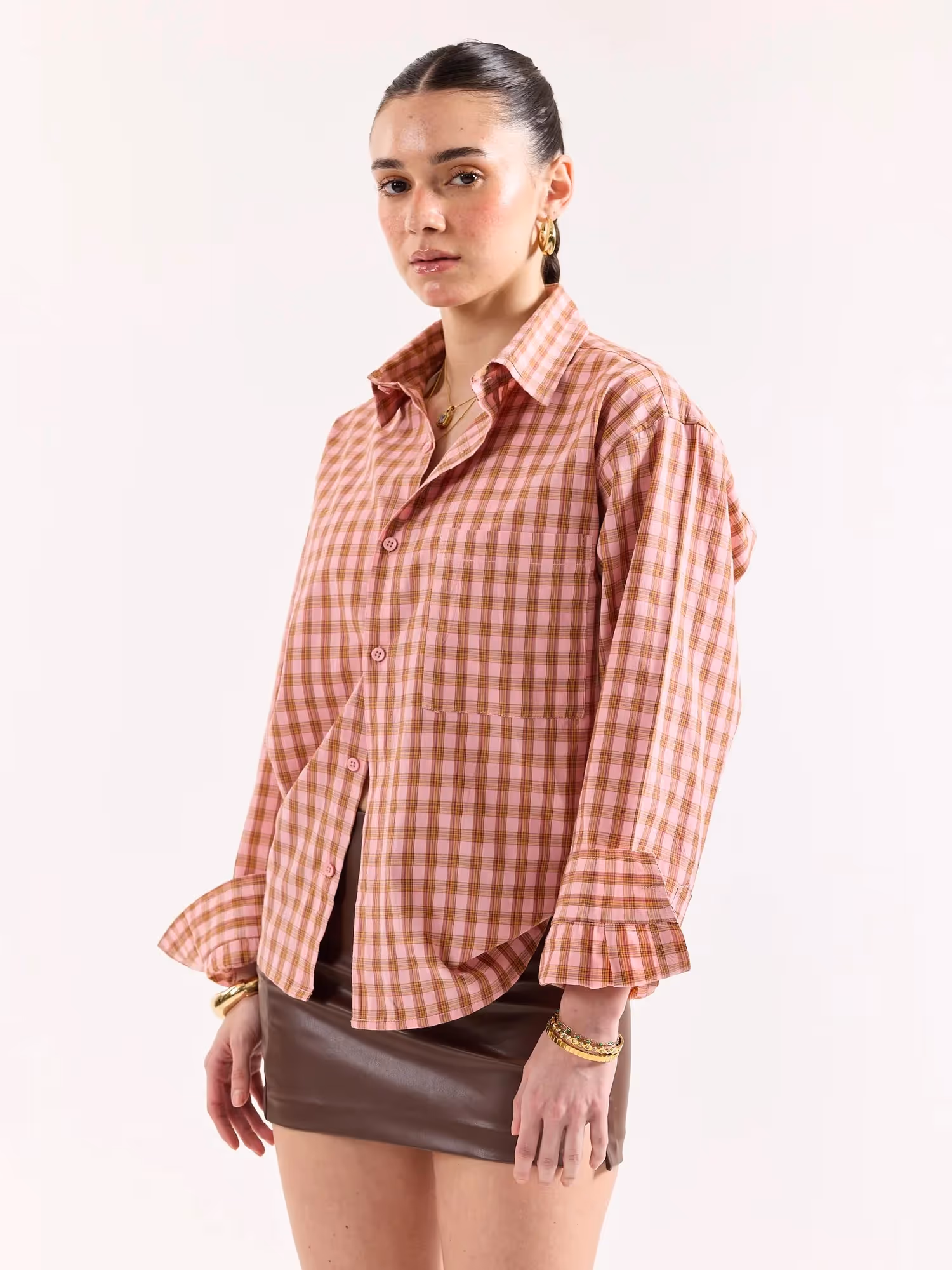 Dusty Pink Checkered Poplin Oversized Shirt image 7