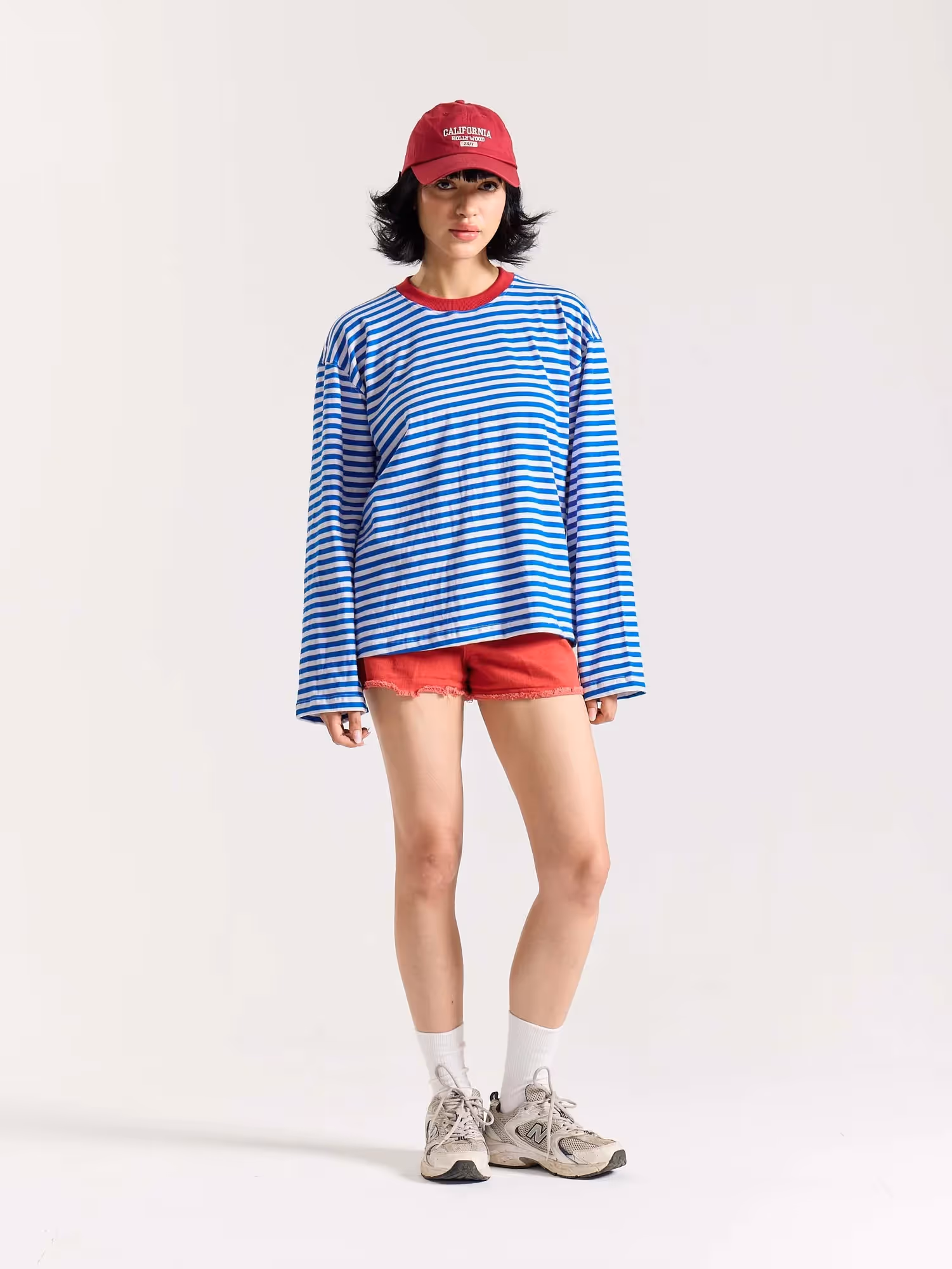 Electric Blue Striped Loose Fit Cropped T-Shirt image 2