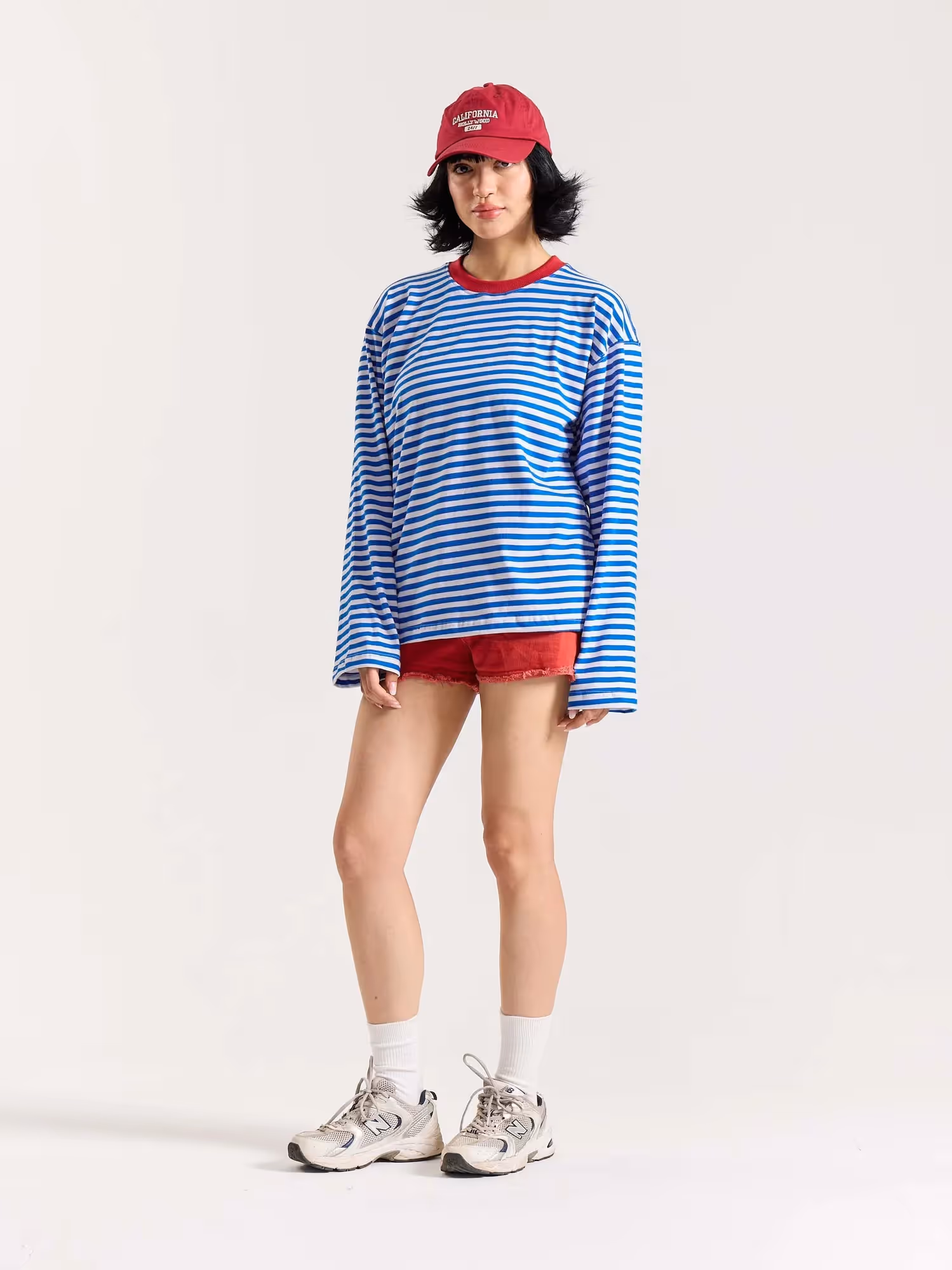 Electric Blue Striped Loose Fit Cropped T-Shirt image 3