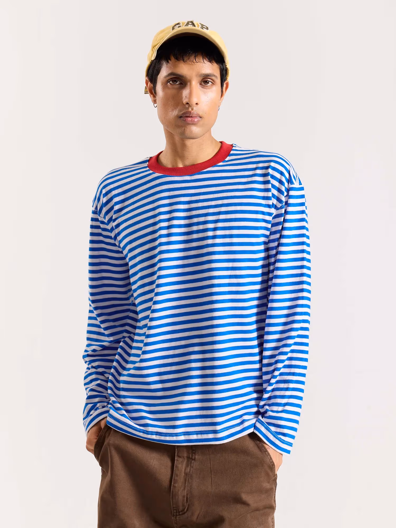 Electric Blue Striped Loose Fit Cropped T-Shirt image 4