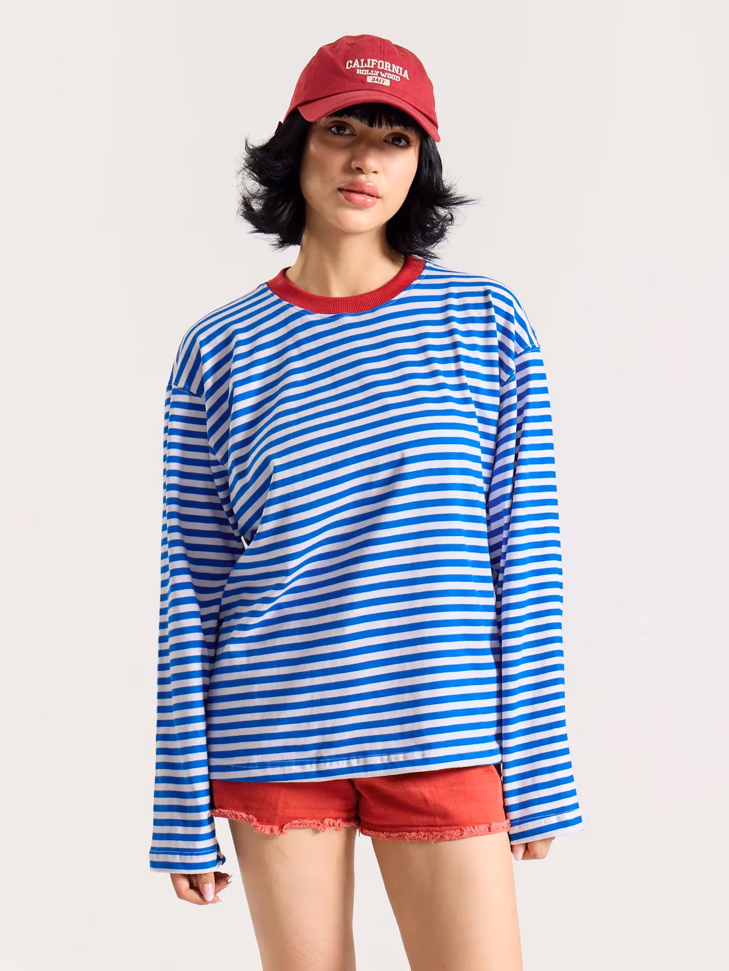 Electric Blue Striped Loose Fit Cropped T-Shirt image 5