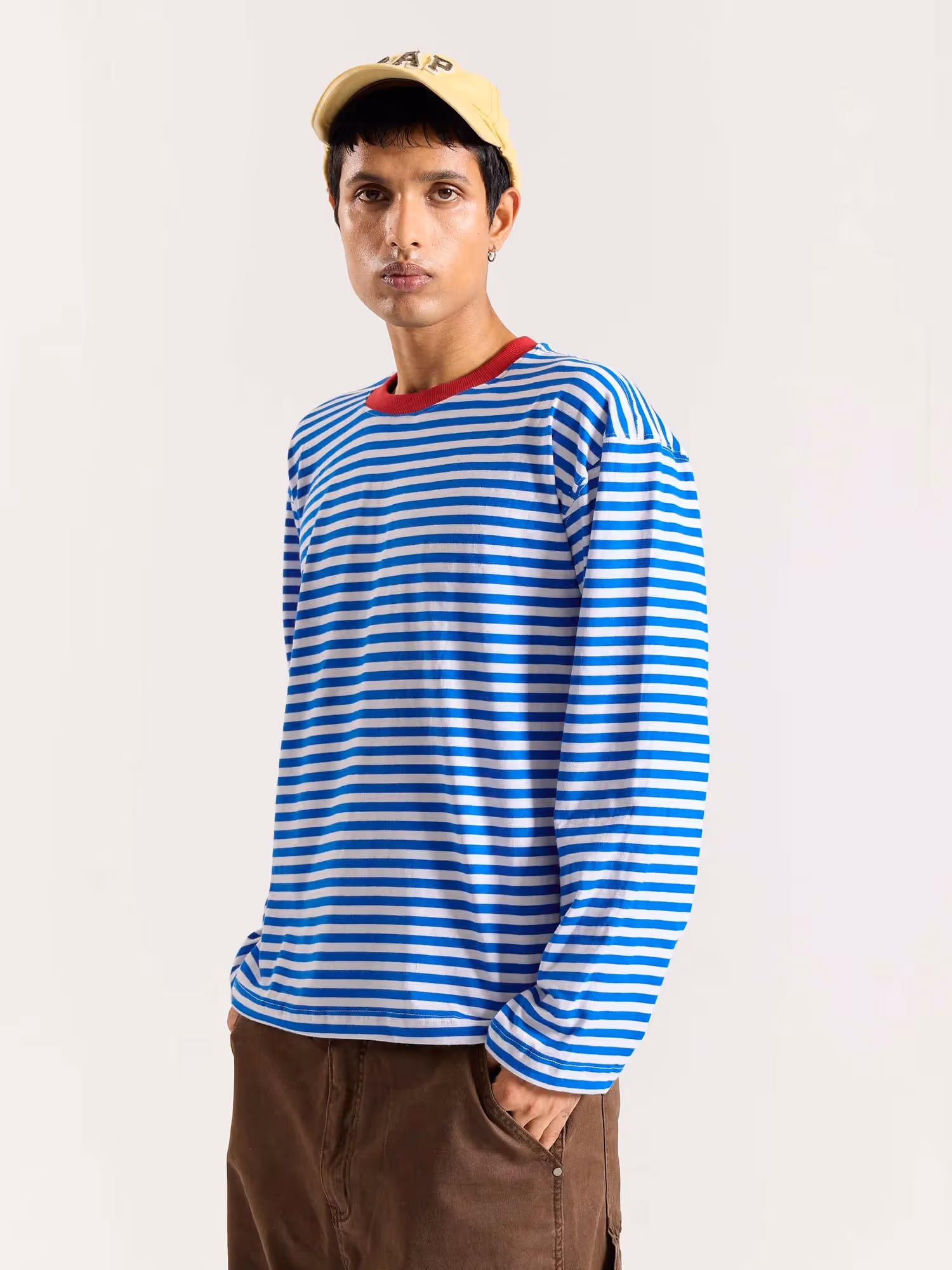 Electric Blue Striped Loose Fit Cropped T-Shirt image 6