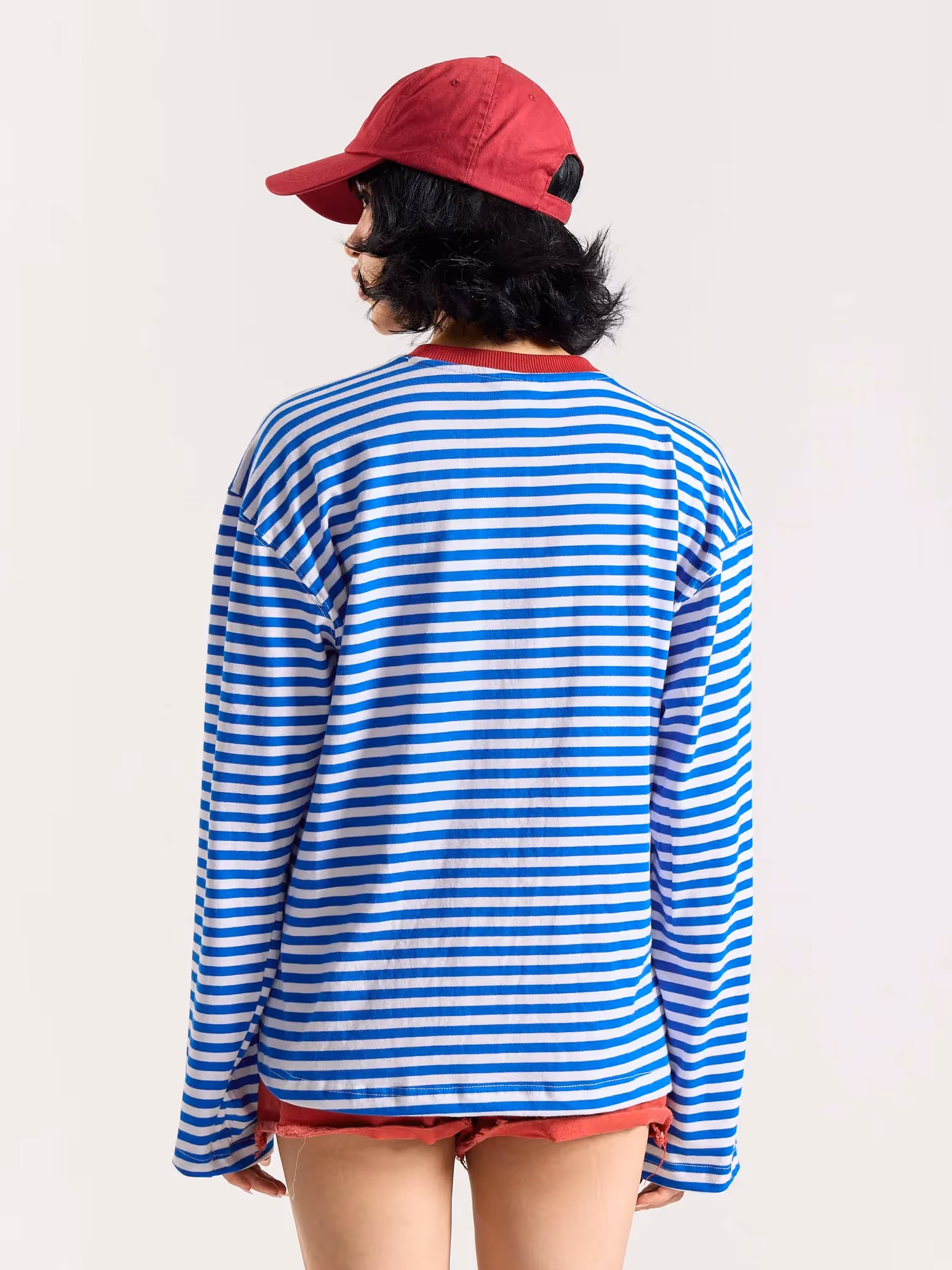 Electric Blue Striped Loose Fit Cropped T-Shirt image 7