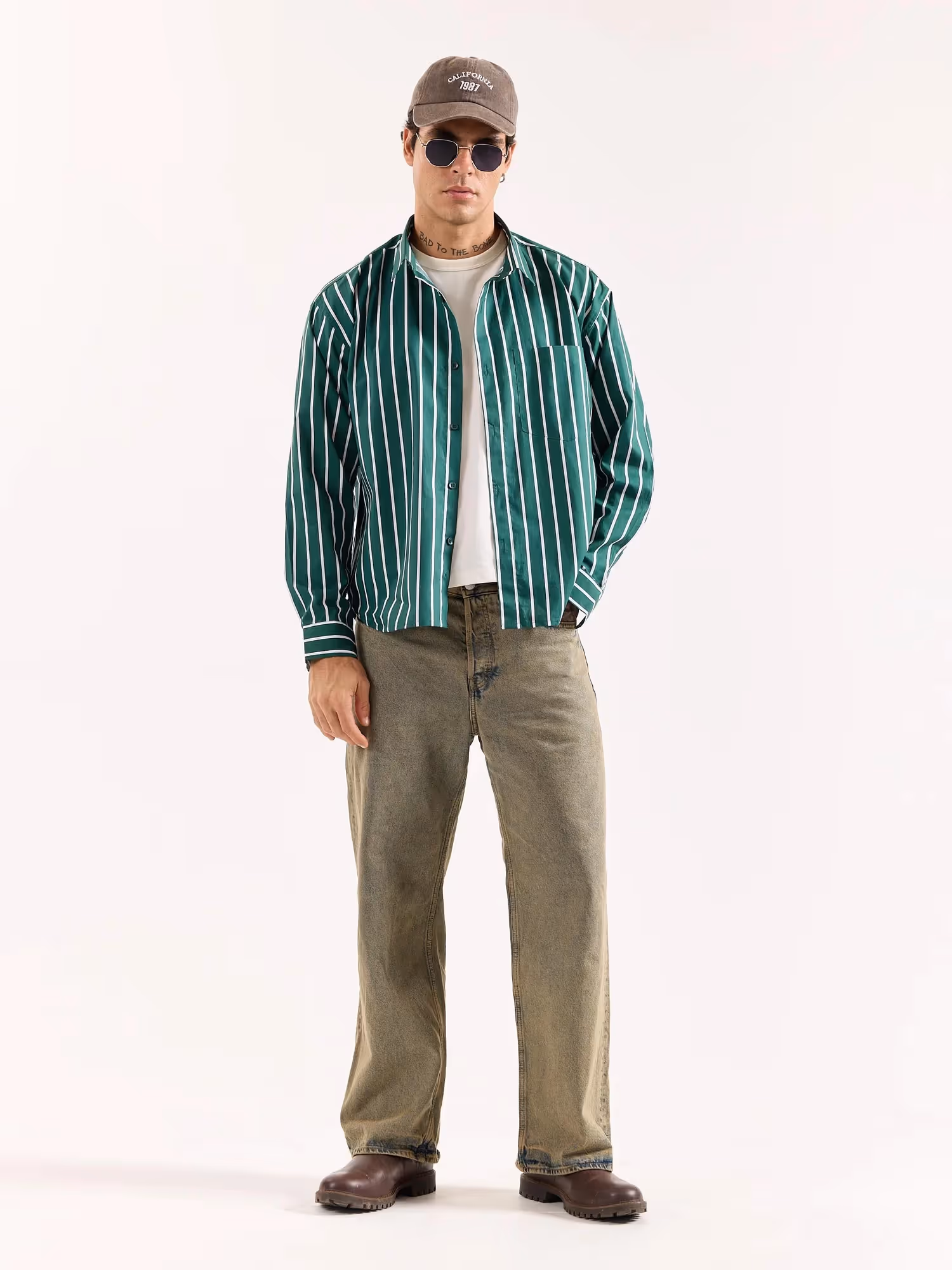 Emerald Green Striped Poplin Oversized Shirt image 1