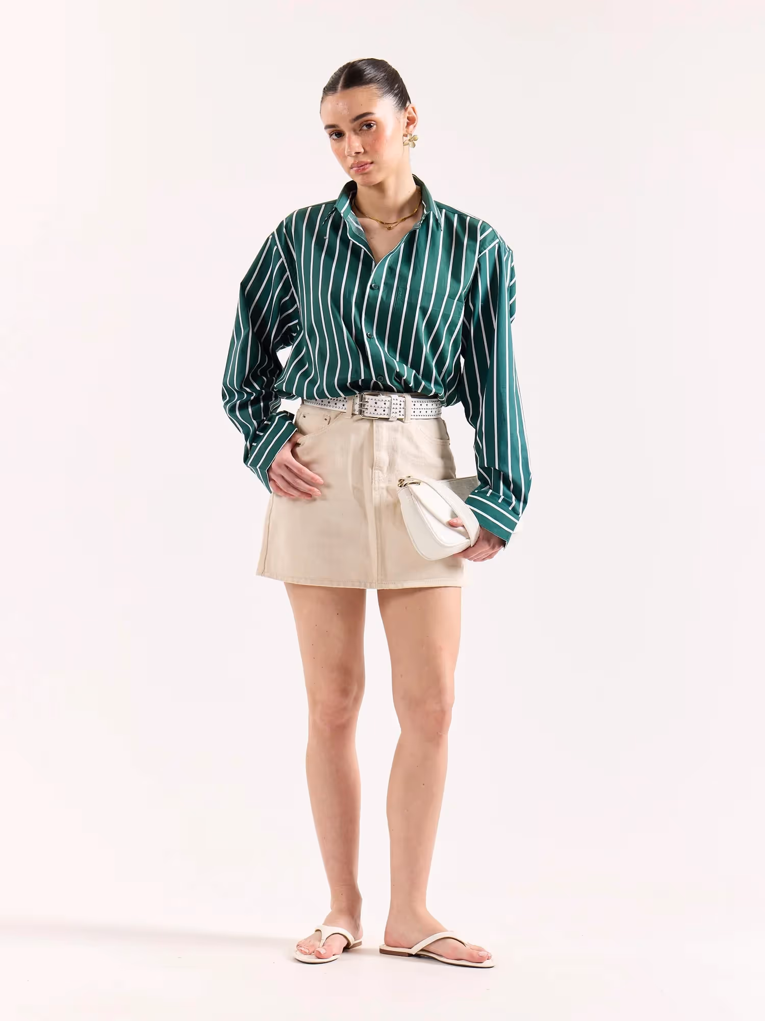 Emerald Green Striped Poplin Oversized Shirt image 2