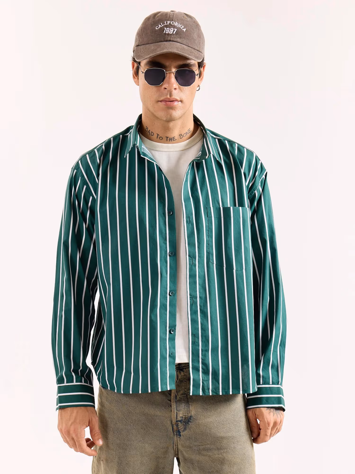 Emerald Green Striped Poplin Oversized Shirt image 3