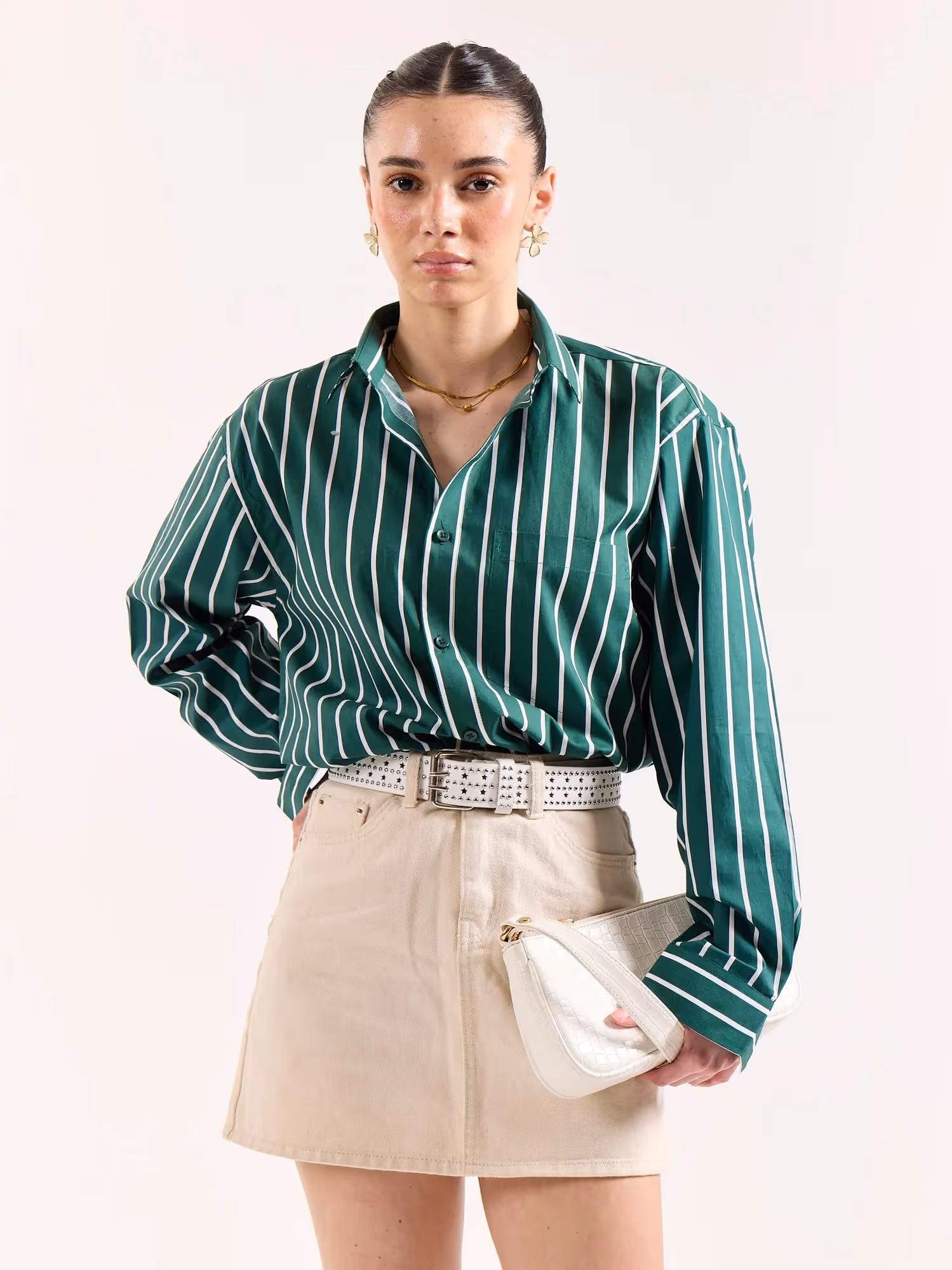 Emerald Green Striped Poplin Oversized Shirt image 4