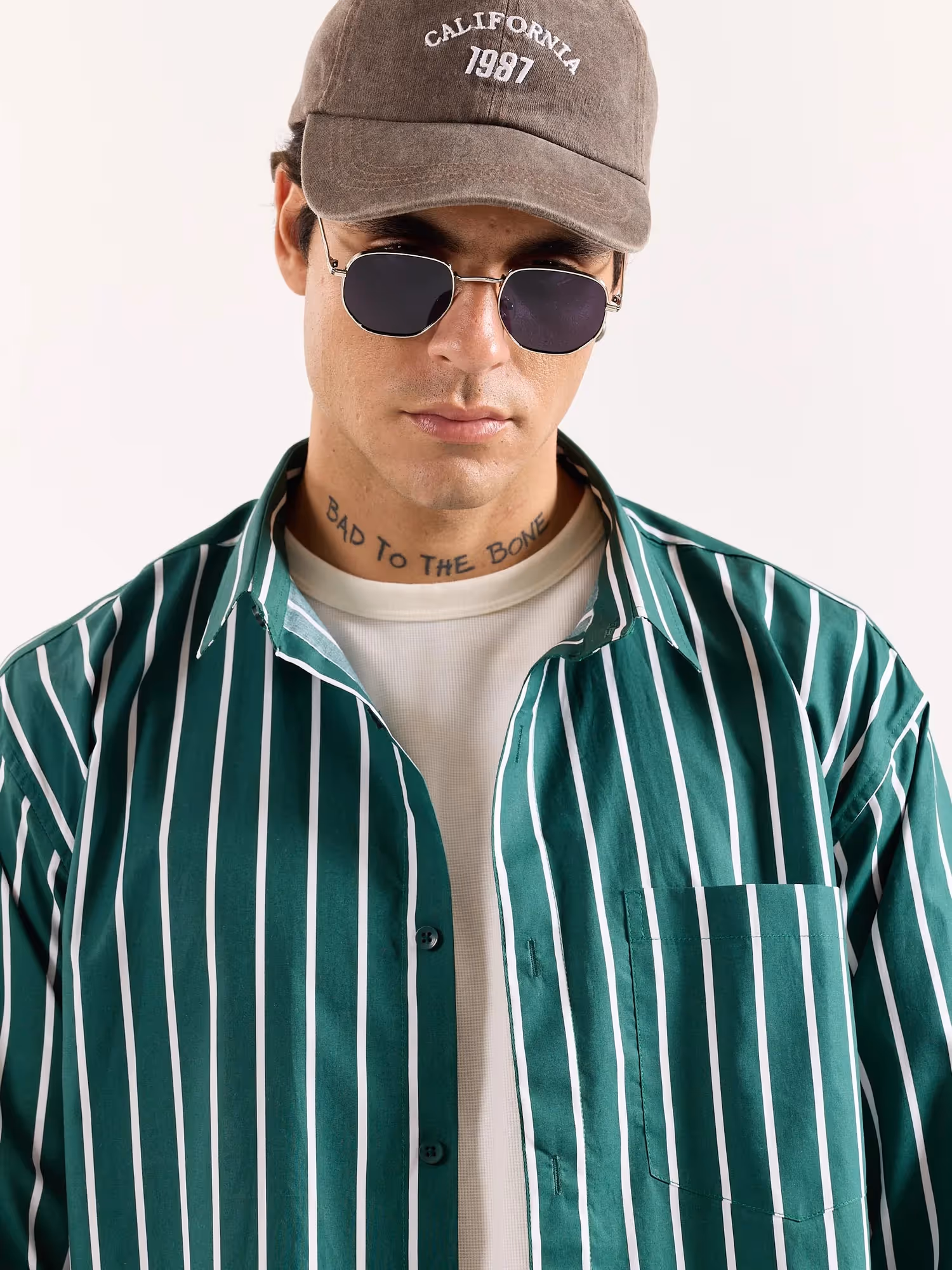 Emerald Green Striped Poplin Oversized Shirt image 5