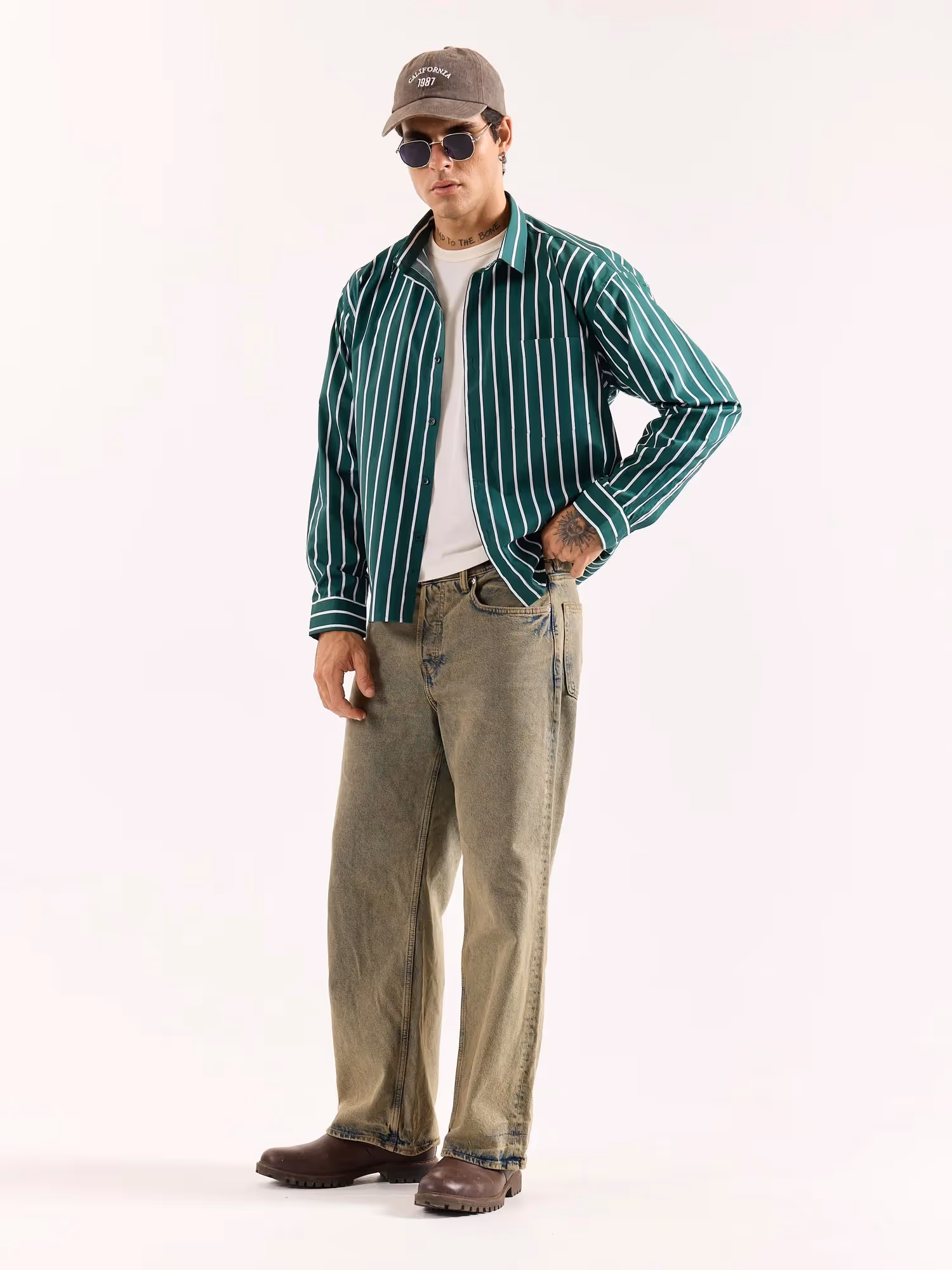 Emerald Green Striped Poplin Oversized Shirt image 6