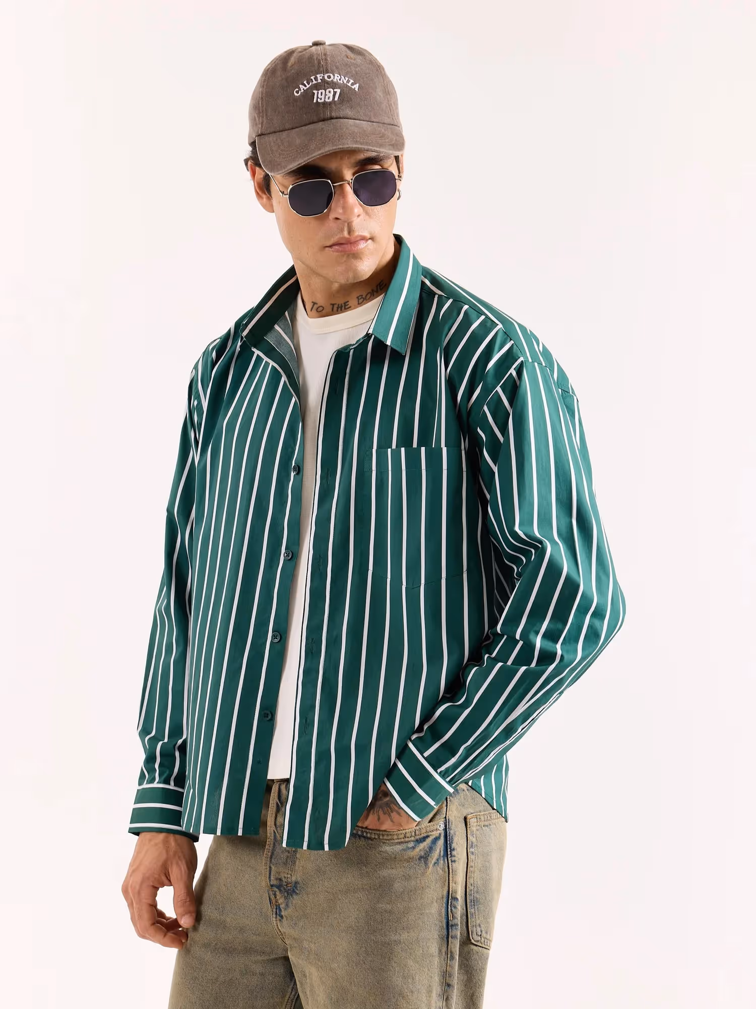 Emerald Green Striped Poplin Oversized Shirt image 7