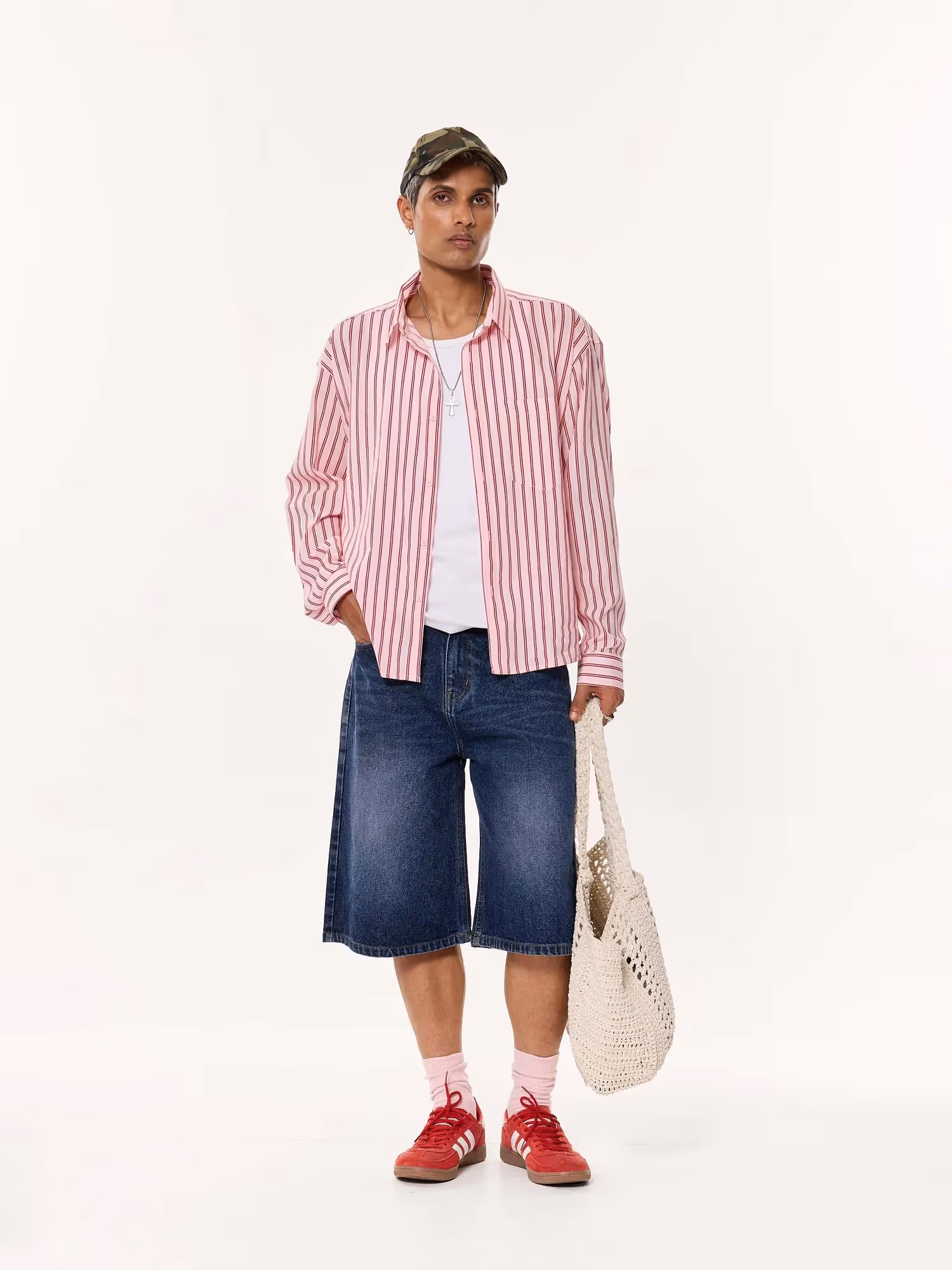 Flamingo Pink Striped Oversized Cropped Shirt  image 1