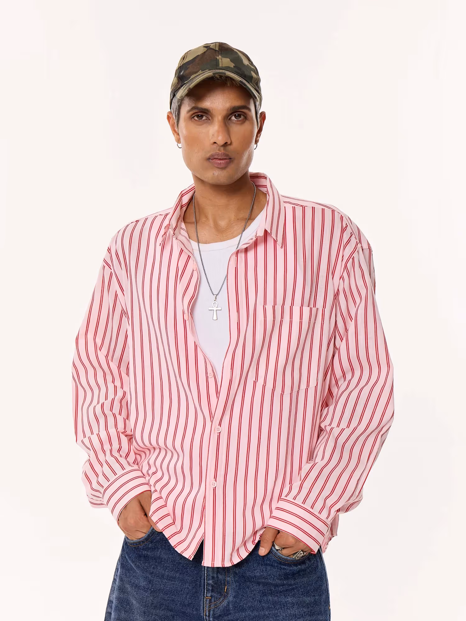 Flamingo Pink Striped Oversized Cropped Shirt  image 3