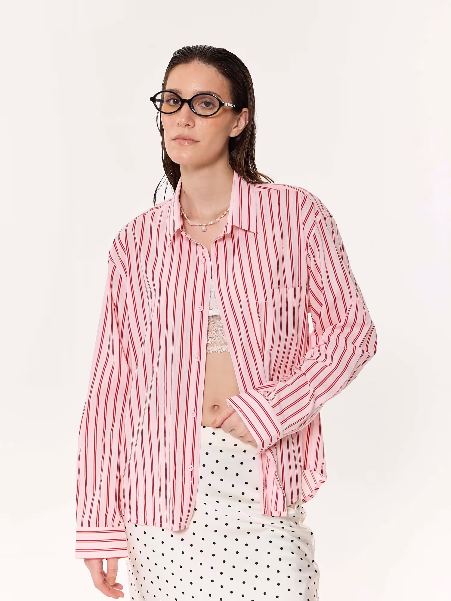 Flamingo Pink Striped Oversized Cropped Shirt  image 4