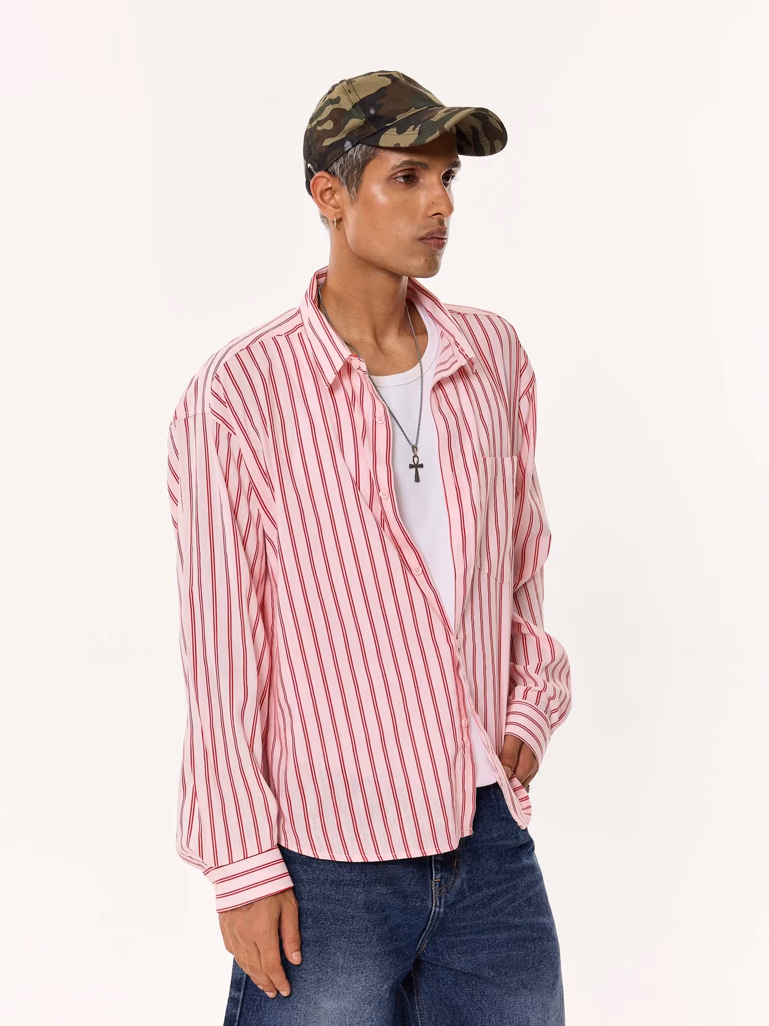 Flamingo Pink Striped Oversized Cropped Shirt  image 5