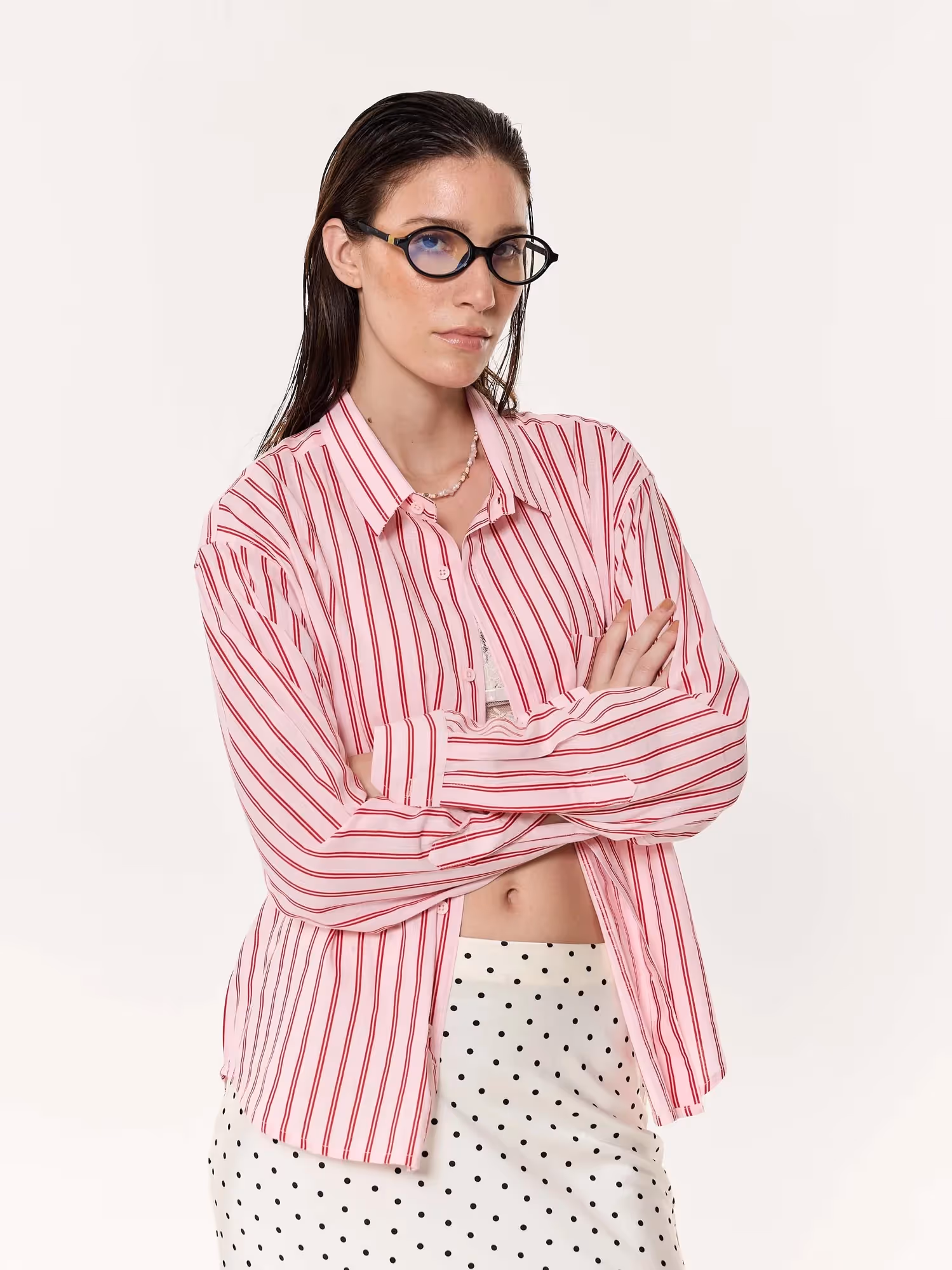 Flamingo Pink Striped Oversized Cropped Shirt  image 6