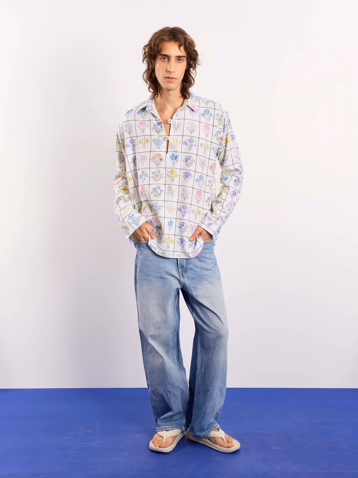 Floral Checkered Printed Linen Pullover image 1