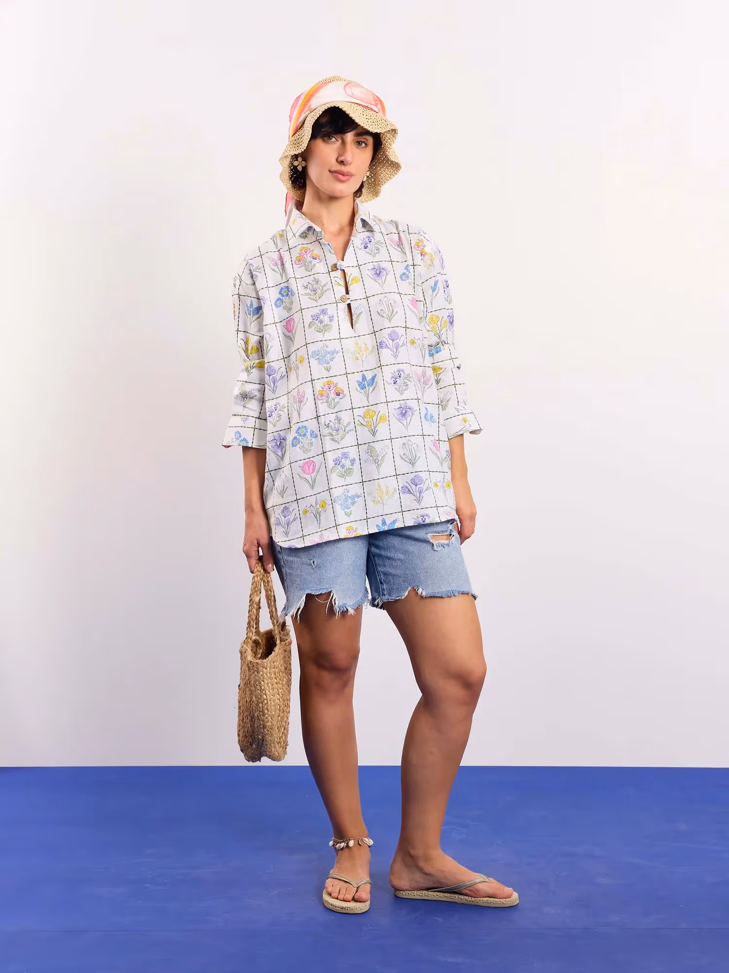 Floral Checkered Printed Linen Pullover  image 2