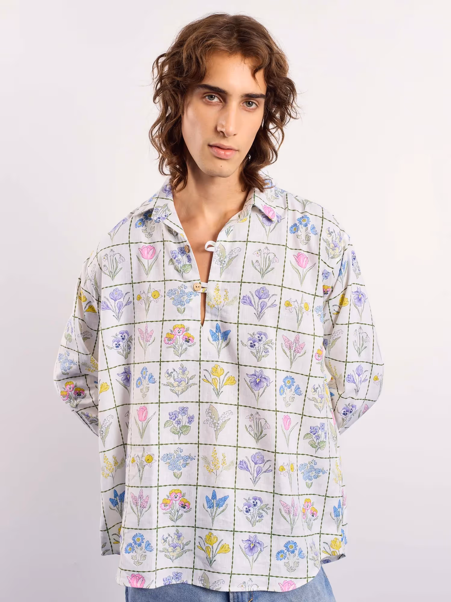Floral Checkered Printed Linen Pullover  image 3