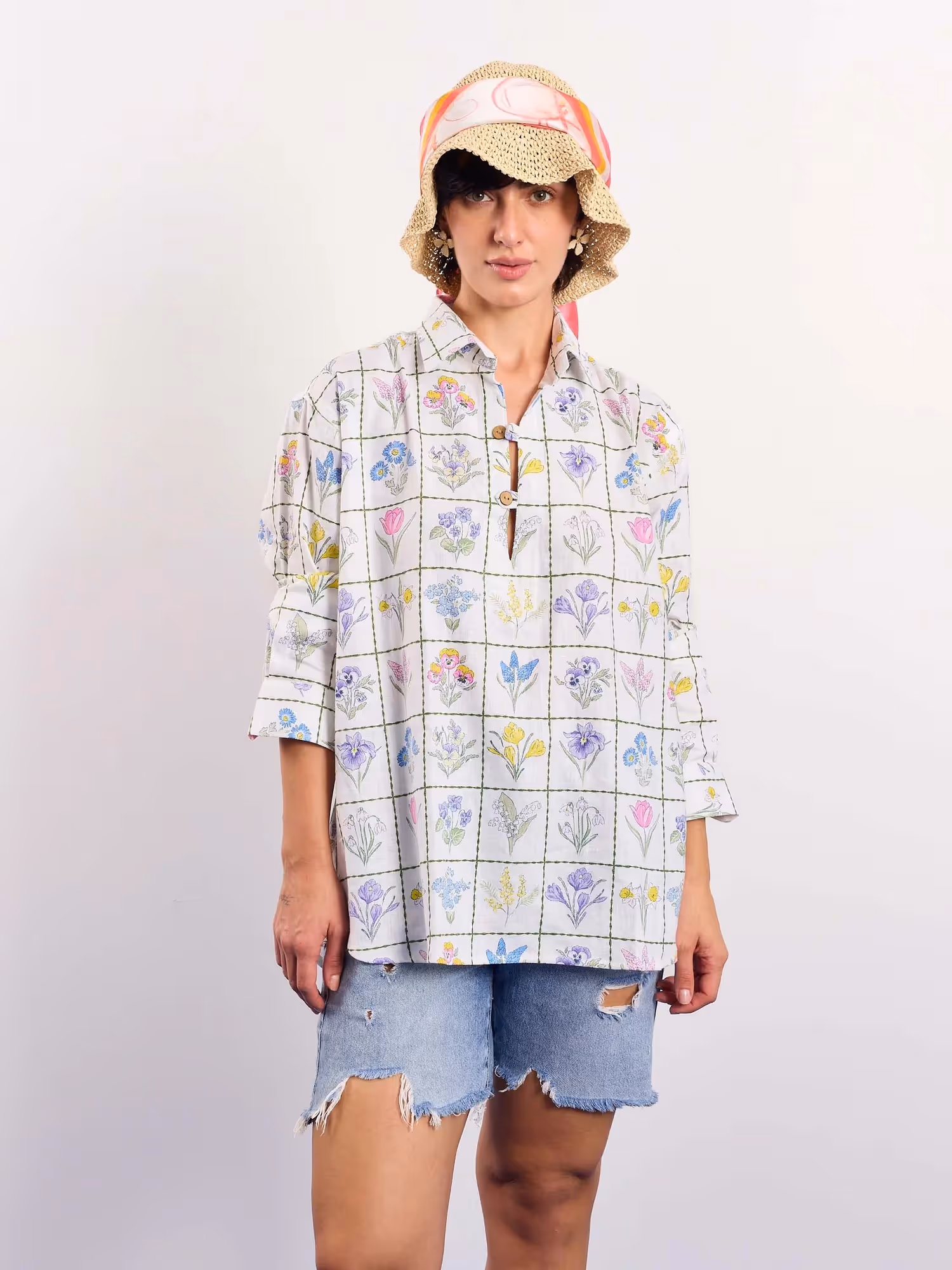 Floral Checkered Printed Linen Pullover  image 4