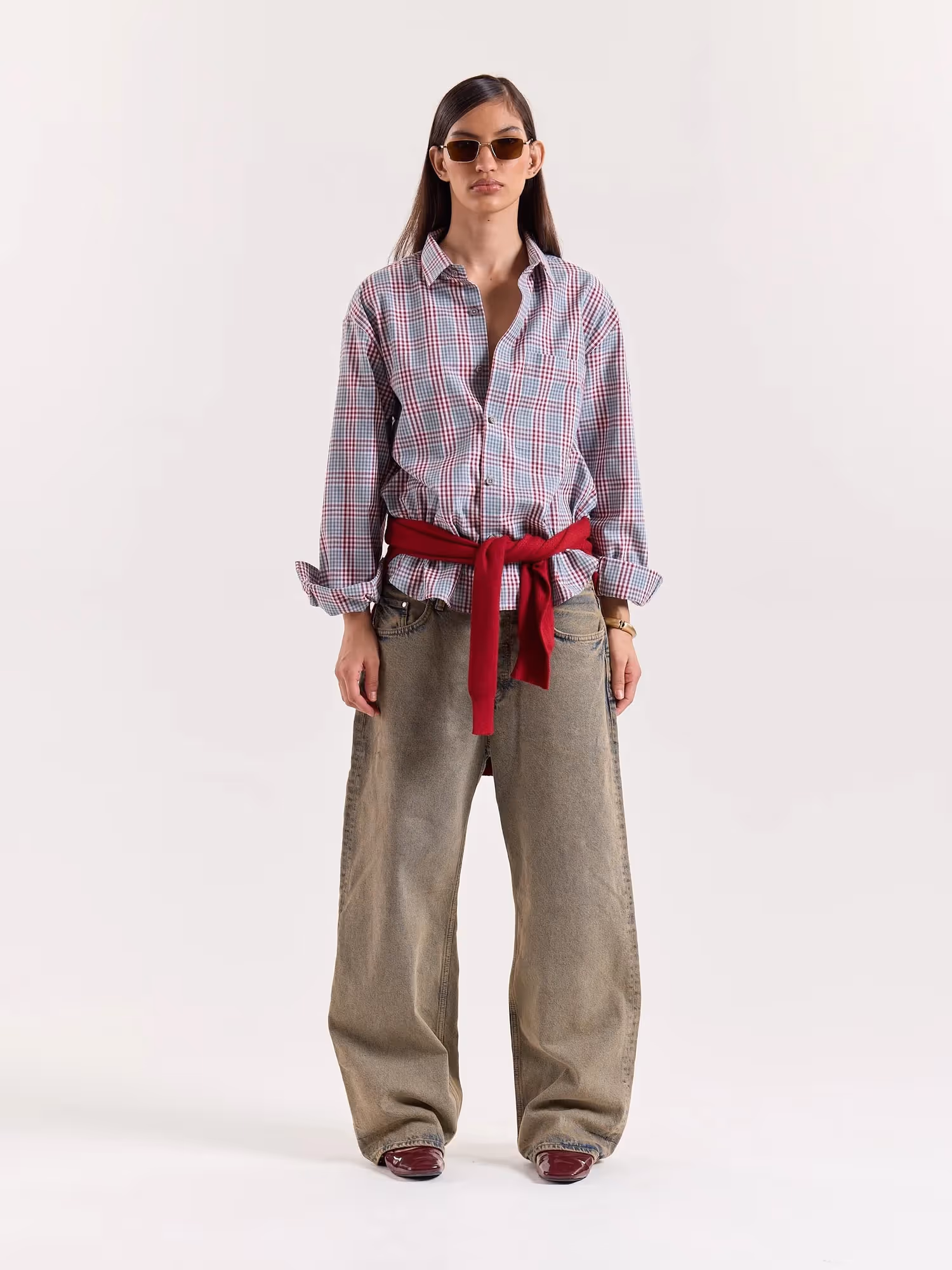 Green & Burgundy Glen Checks Cropped Shirt image 2