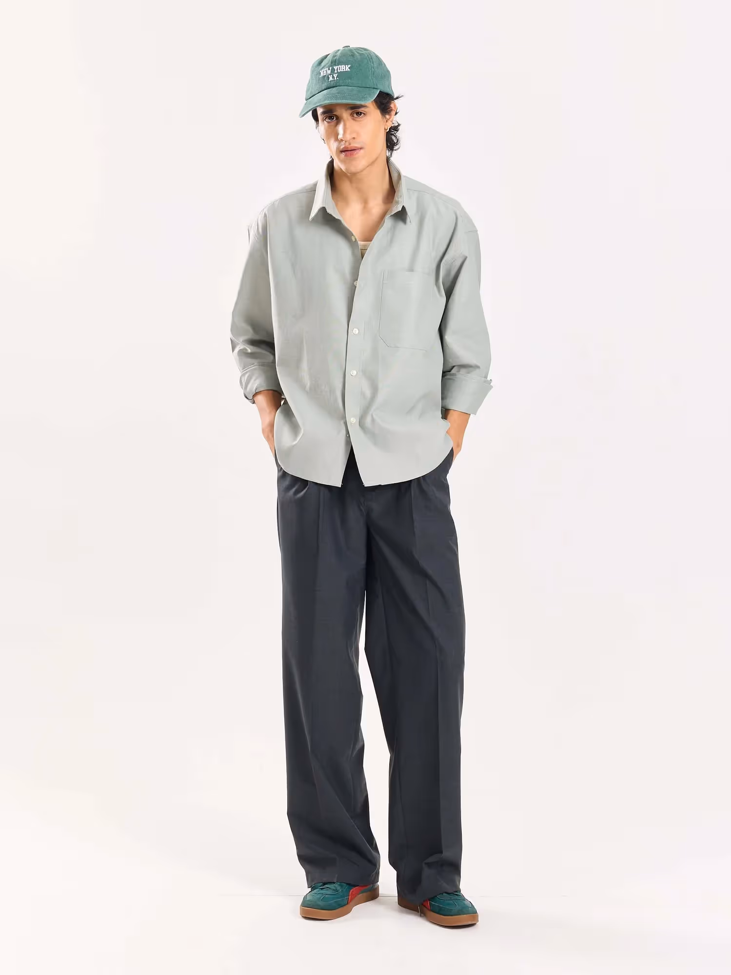 Green & Grey Checked Baggy Fit Trousers image 1