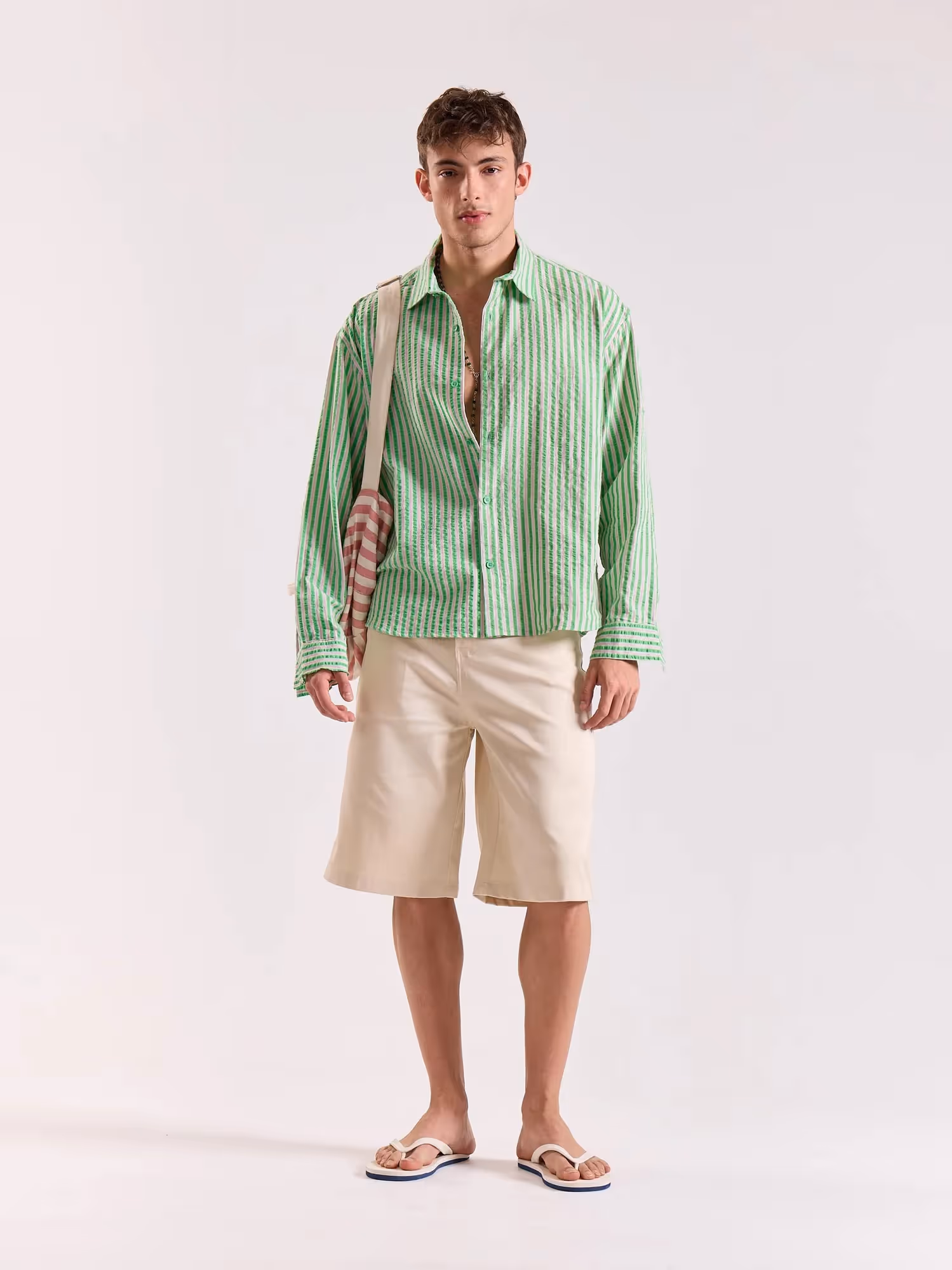 Green & Pink Seersucker Oversized Cropped Shirt image 1