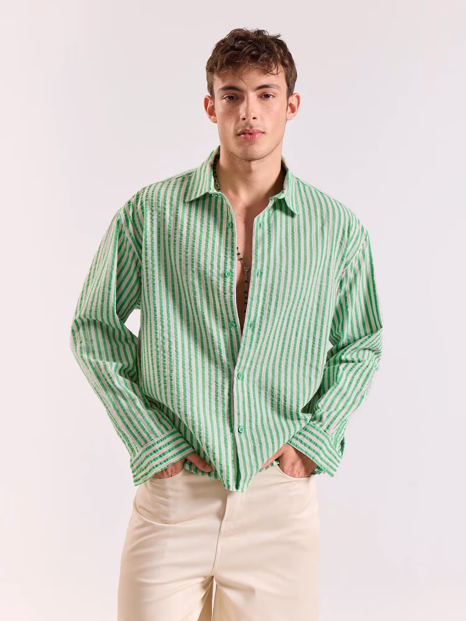 Green & Pink Seersucker Oversized Cropped Shirt image 2