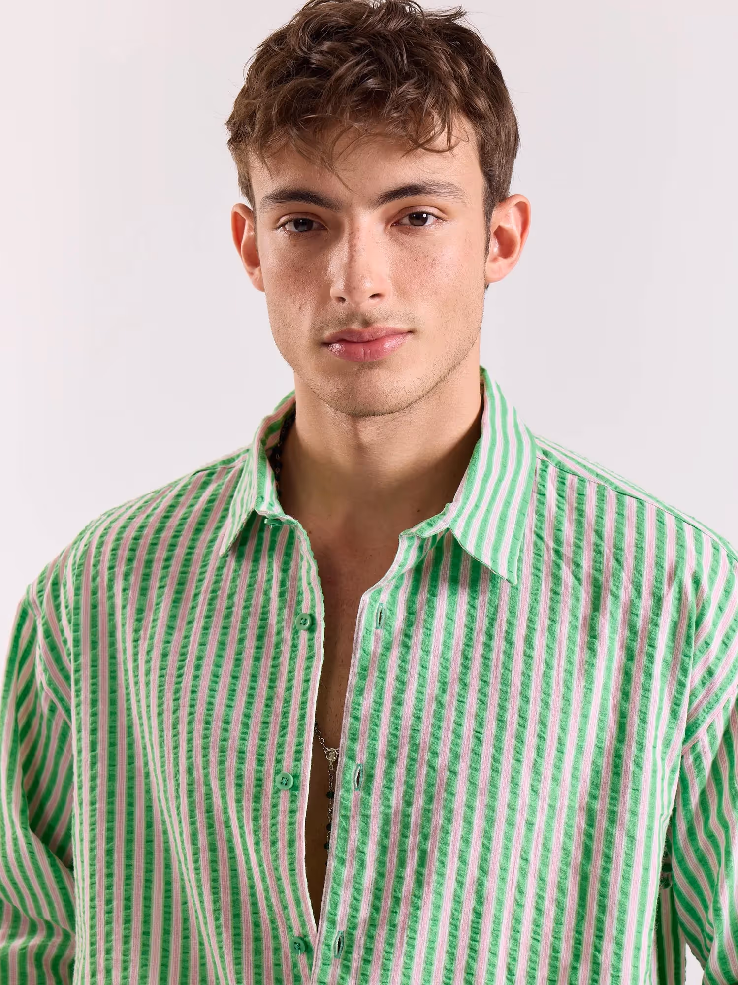 Green & Pink Seersucker Oversized Cropped Shirt image 3